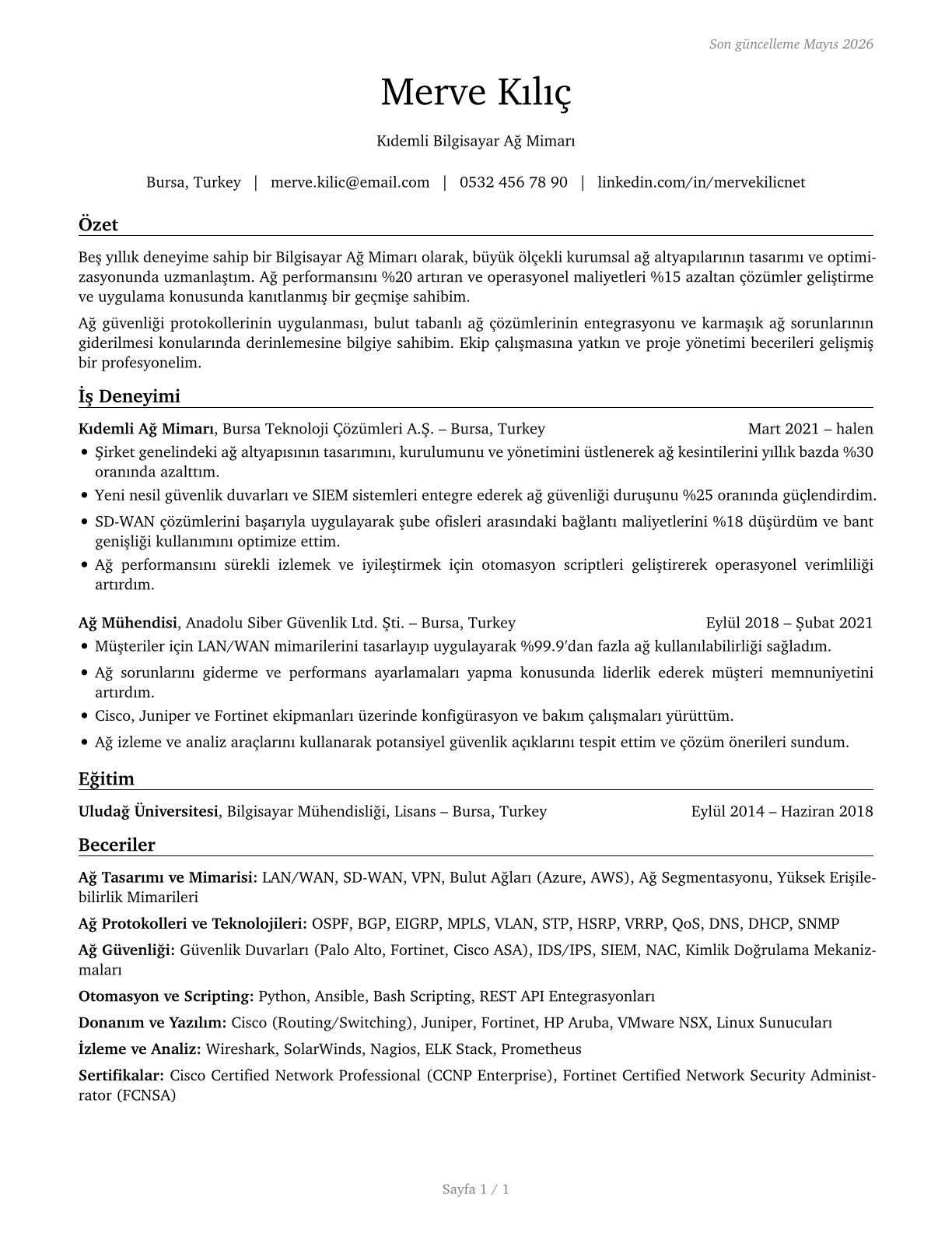 Computer Network Architects CV in Turkish — page 1