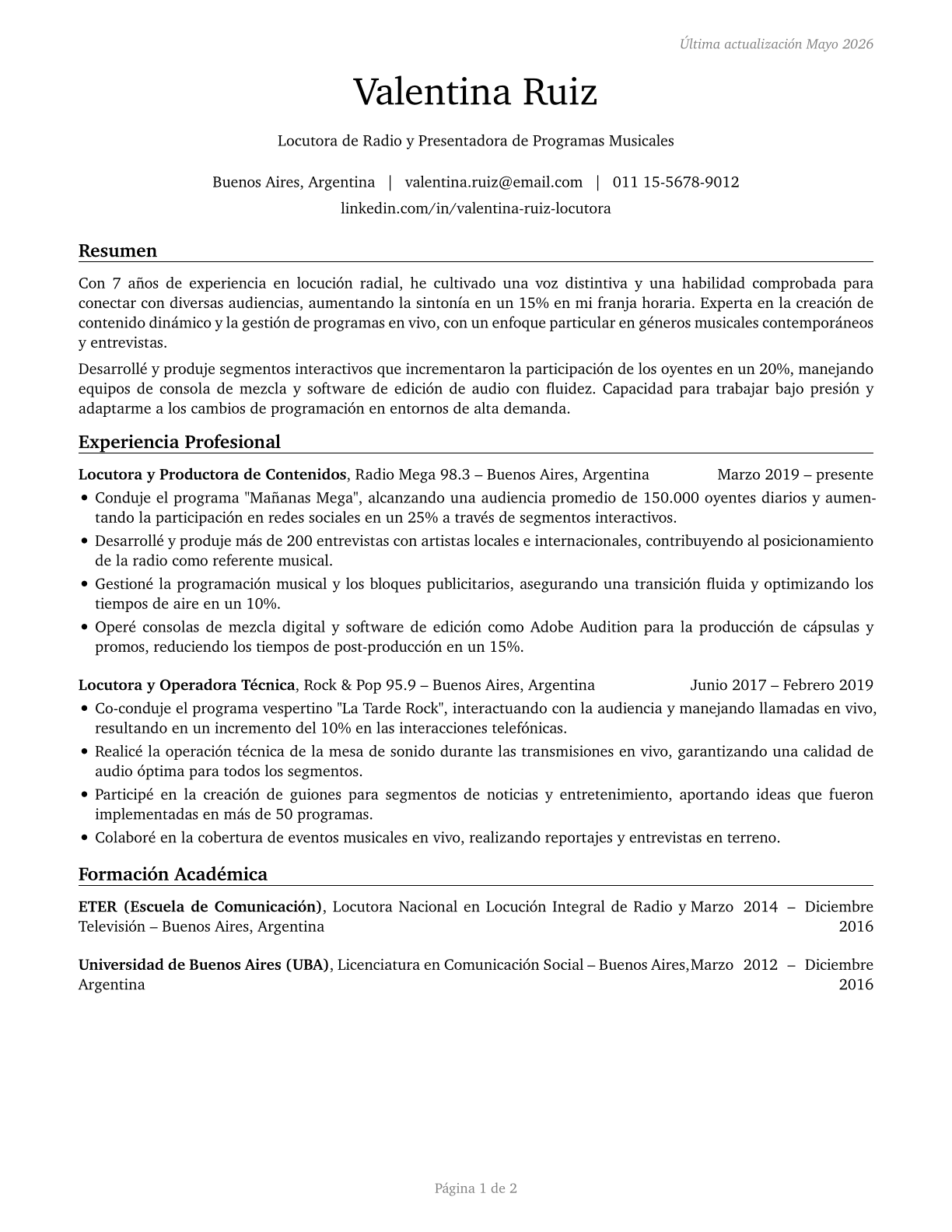 Broadcast Announcers and Radio Disc Jockeys CV in Spanish — page 1