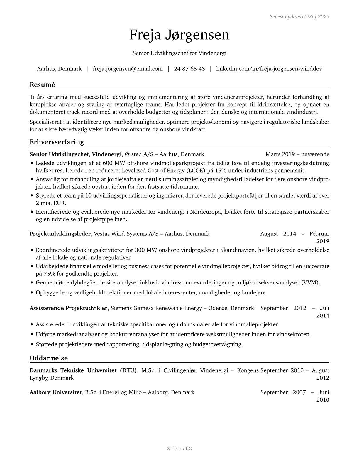 Wind Energy Development Managers CV in Danish — page 1