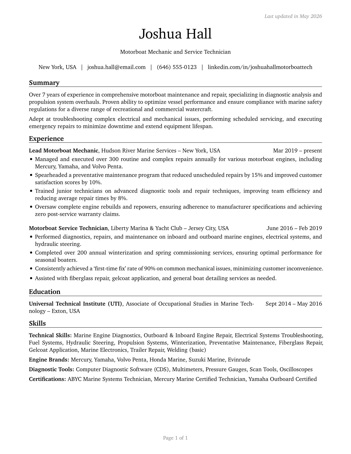 Motorboat Mechanics and Service Technicians CV in English — page 1
