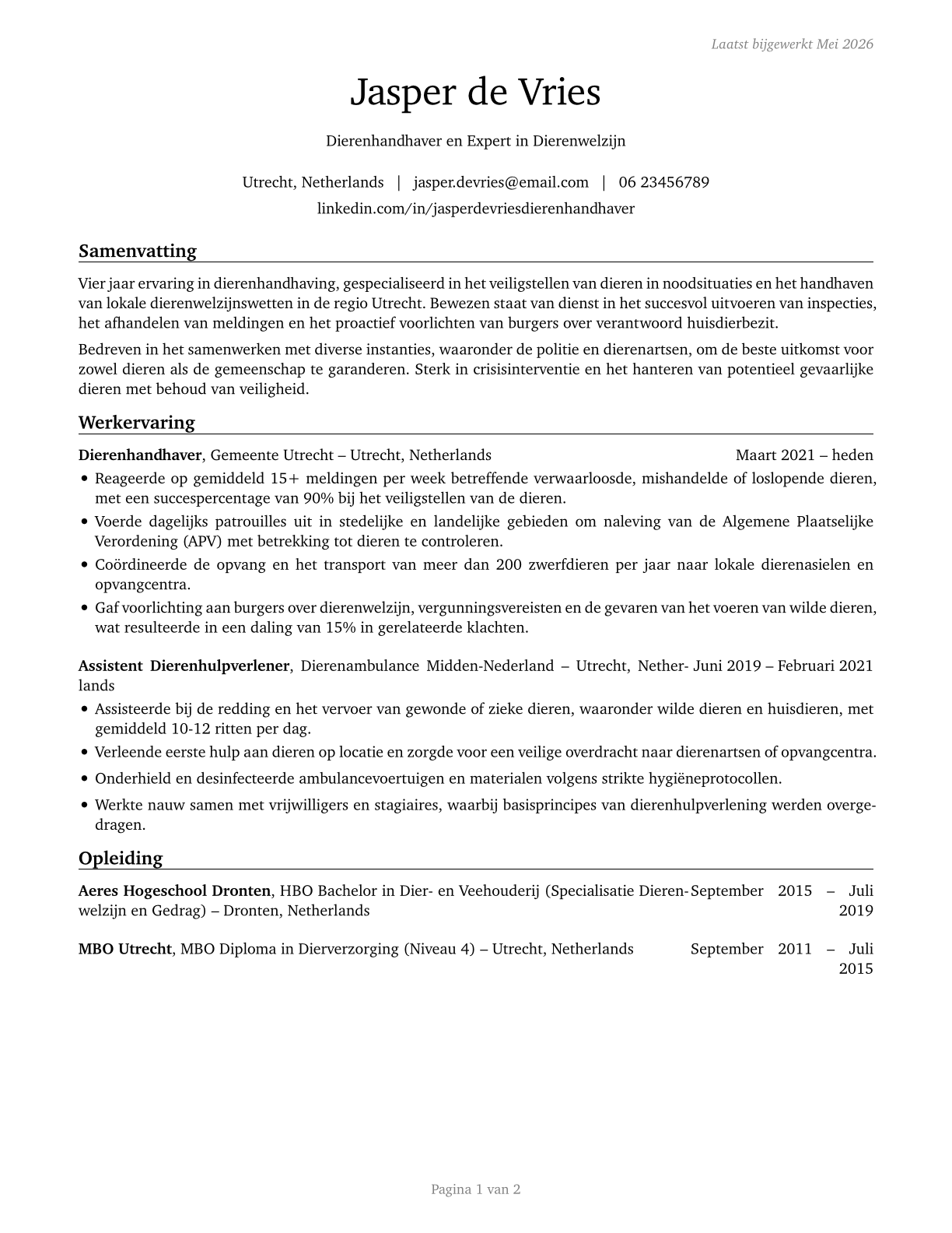 Animal Control Workers CV in Dutch — page 1