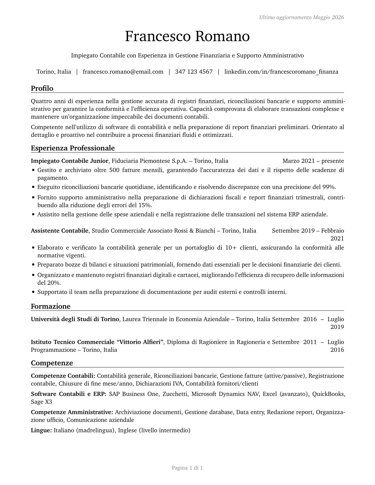 Financial Clerks, All Other CV in Italian — page 1