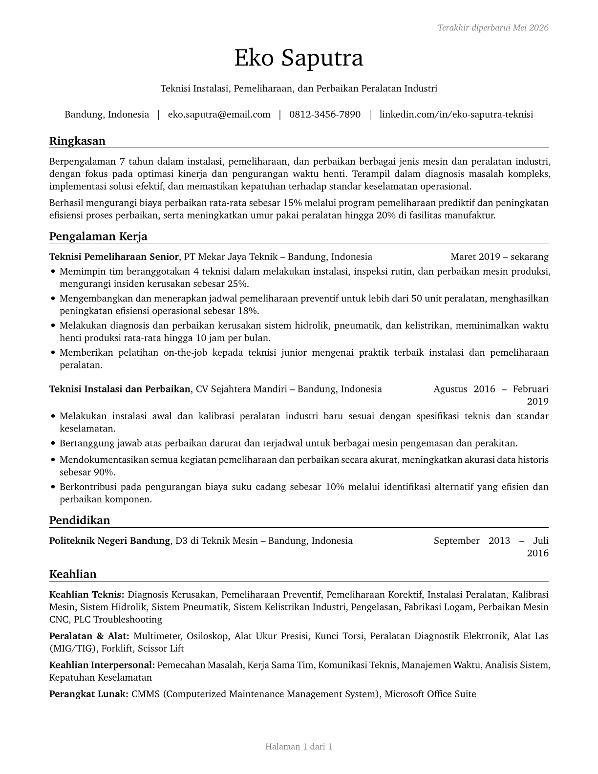 Installation, Maintenance, and Repair Workers, All Other CV in Indonesian — page 1