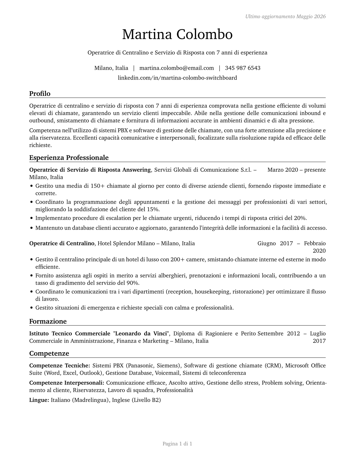 Switchboard Operators, Including Answering Service CV in Italian — page 1