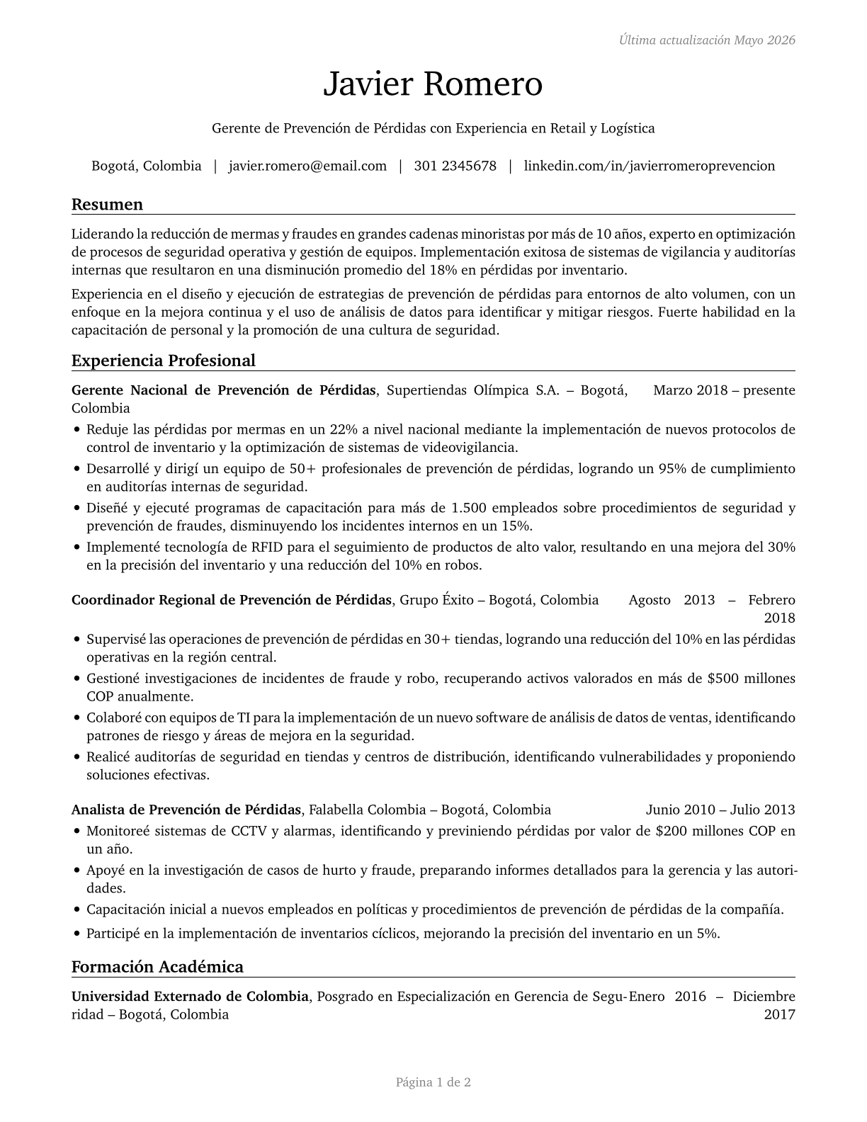 Loss Prevention Managers CV in Spanish — page 1