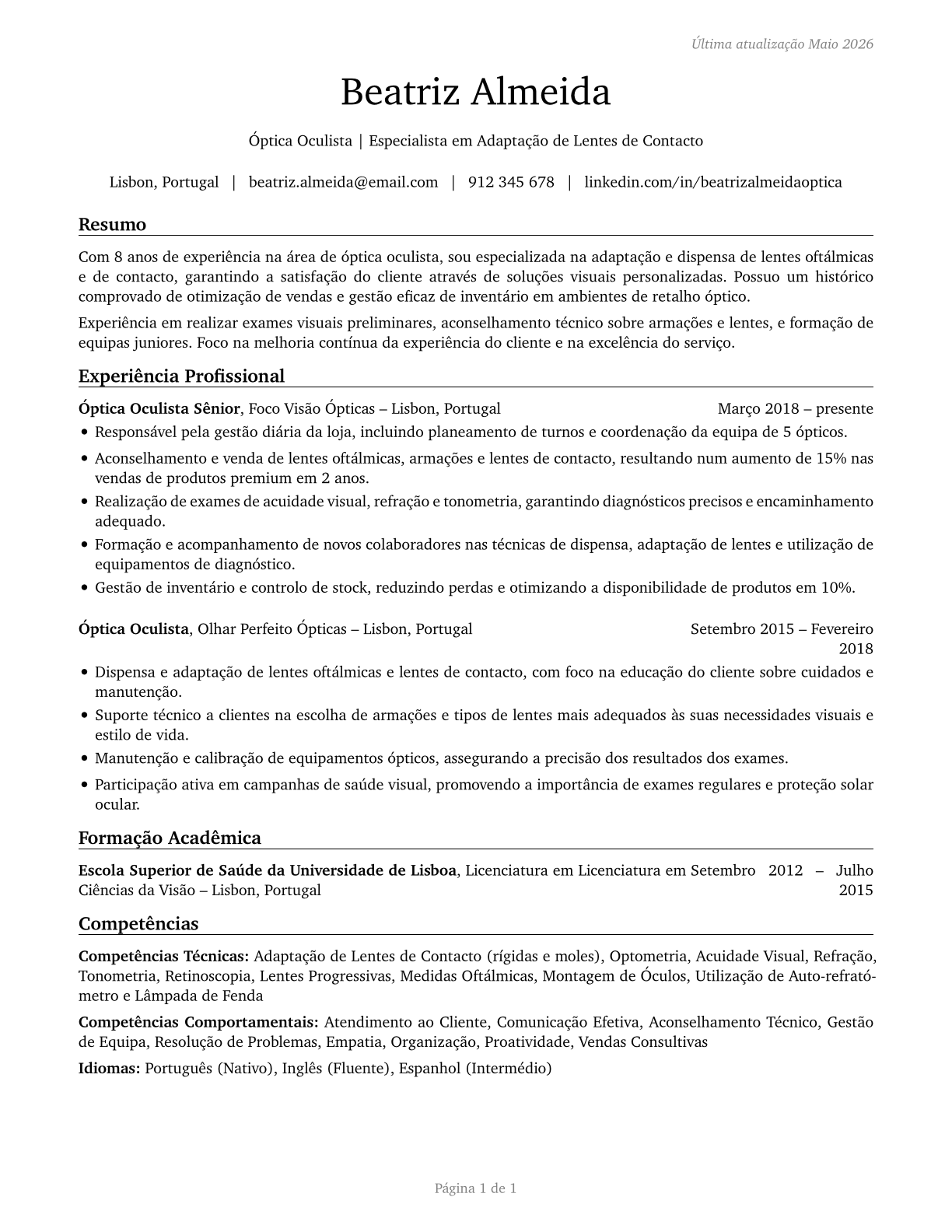 Opticians, Dispensing CV in Portuguese — page 1