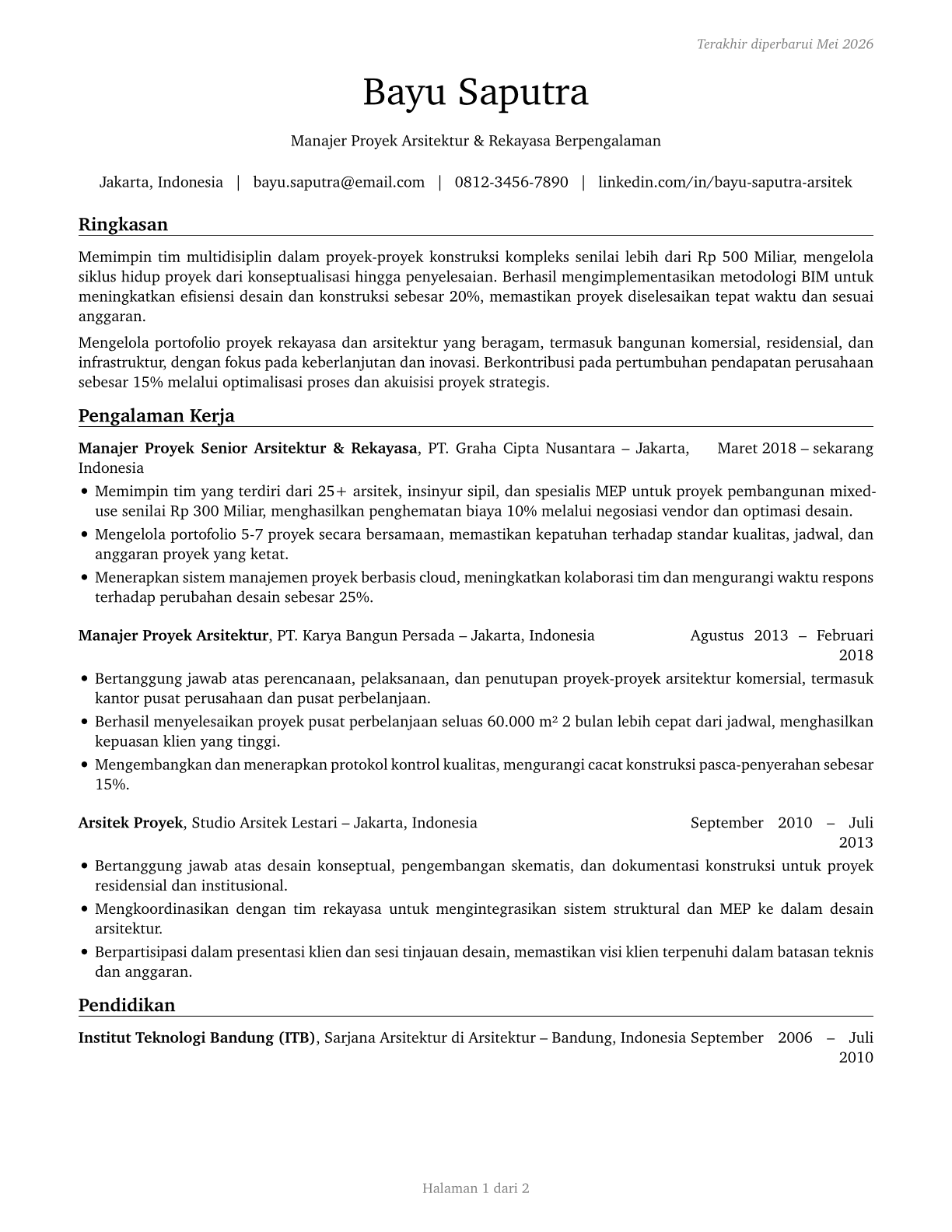 Architectural and Engineering Managers CV in Indonesian — page 1