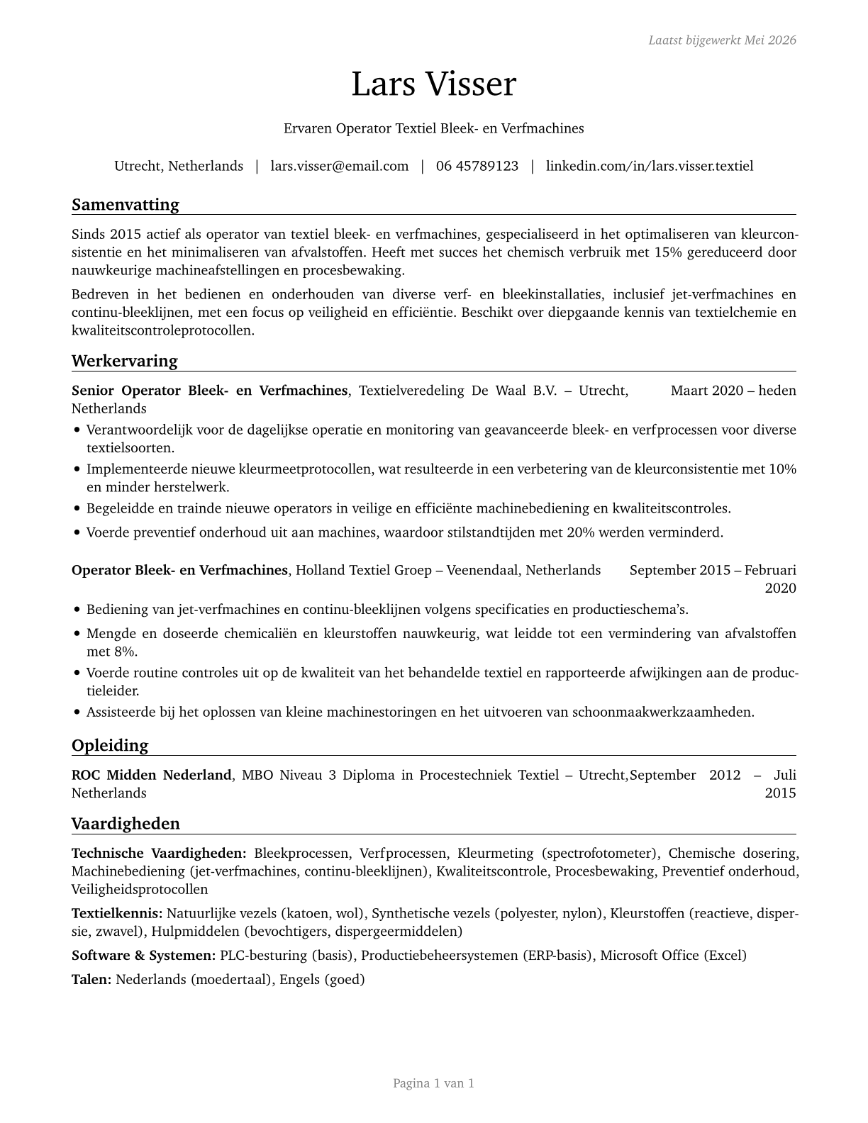 Textile Bleaching and Dyeing Machine Operators and Tenders CV in Dutch — page 1