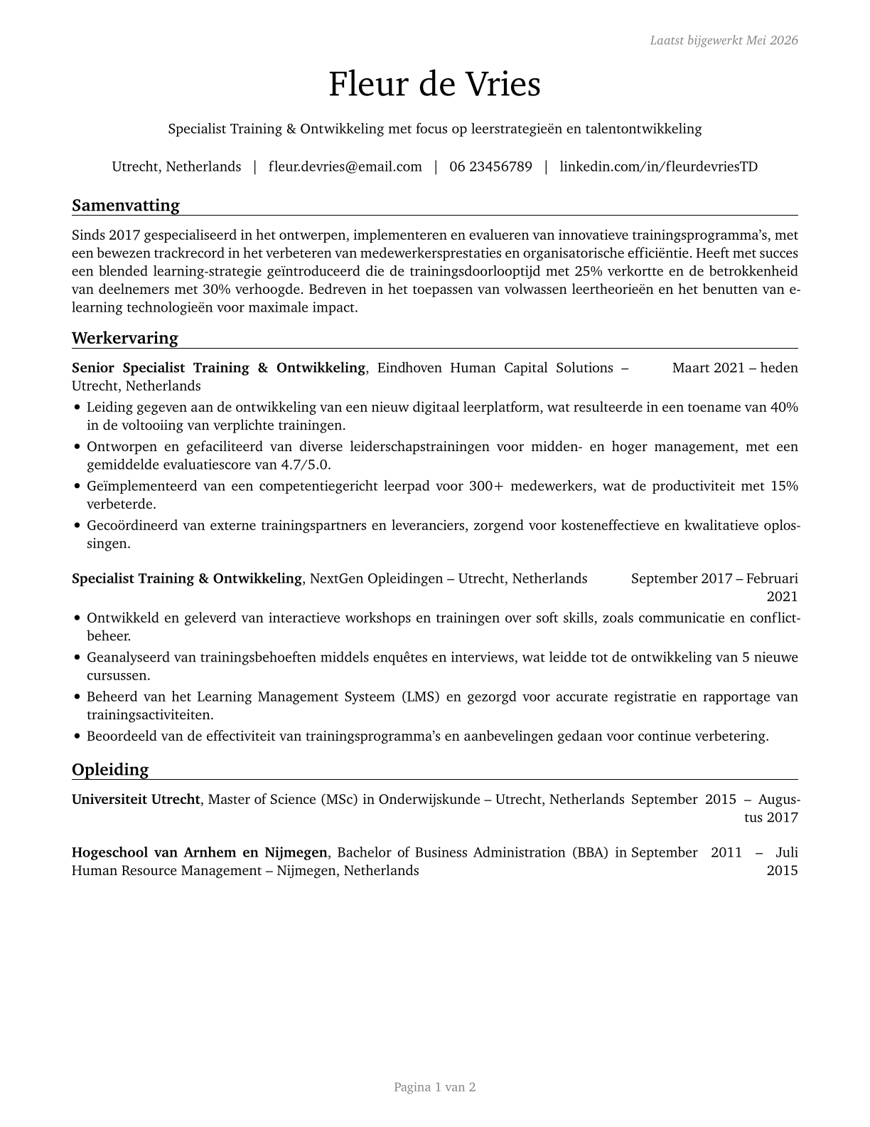 Training and Development Specialists CV in Dutch — page 1