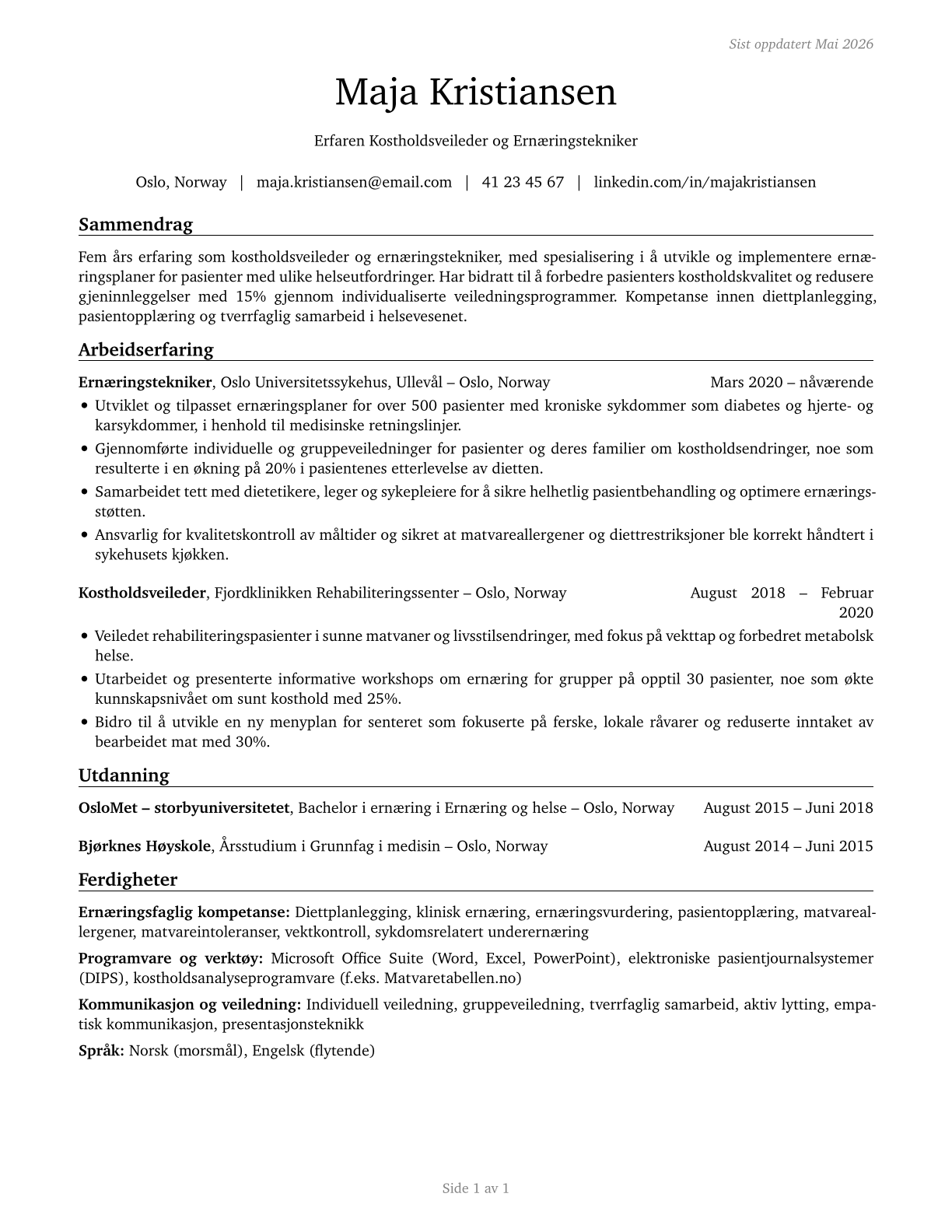 Dietetic Technicians CV in Norwegian_bokmal — page 1