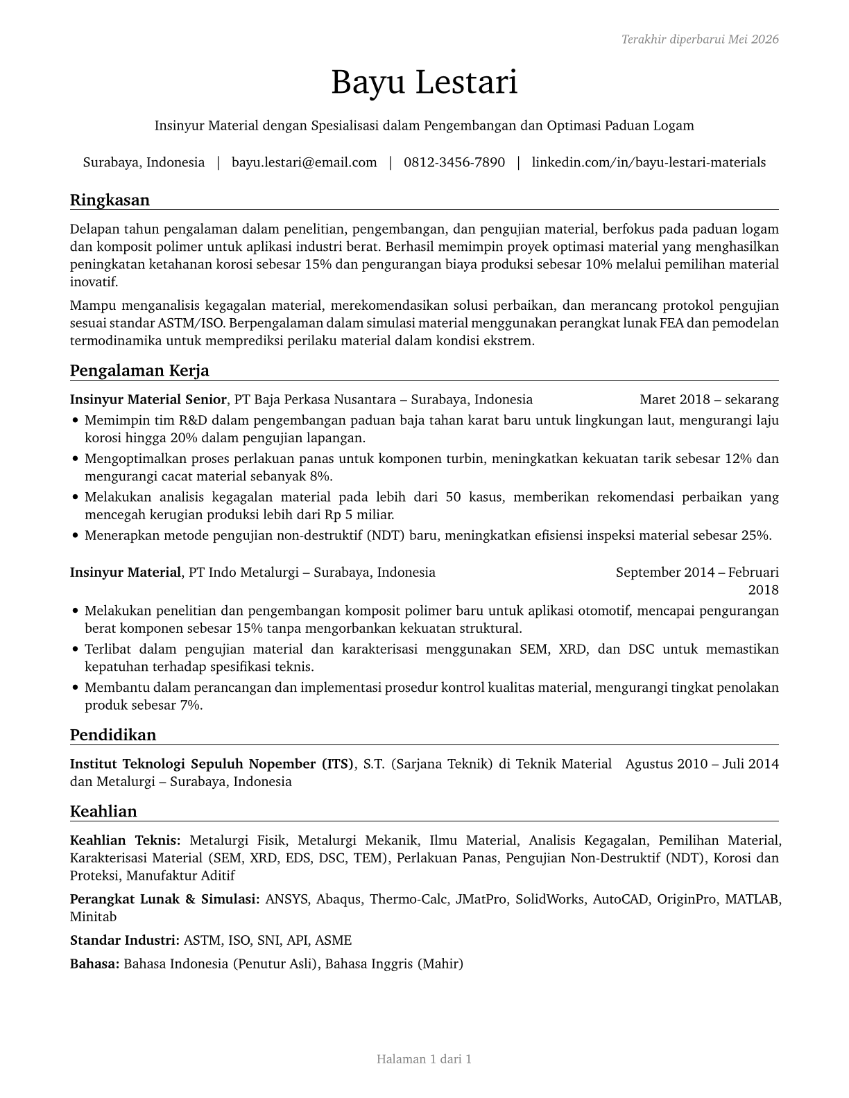 Materials Engineers CV in Indonesian — page 1
