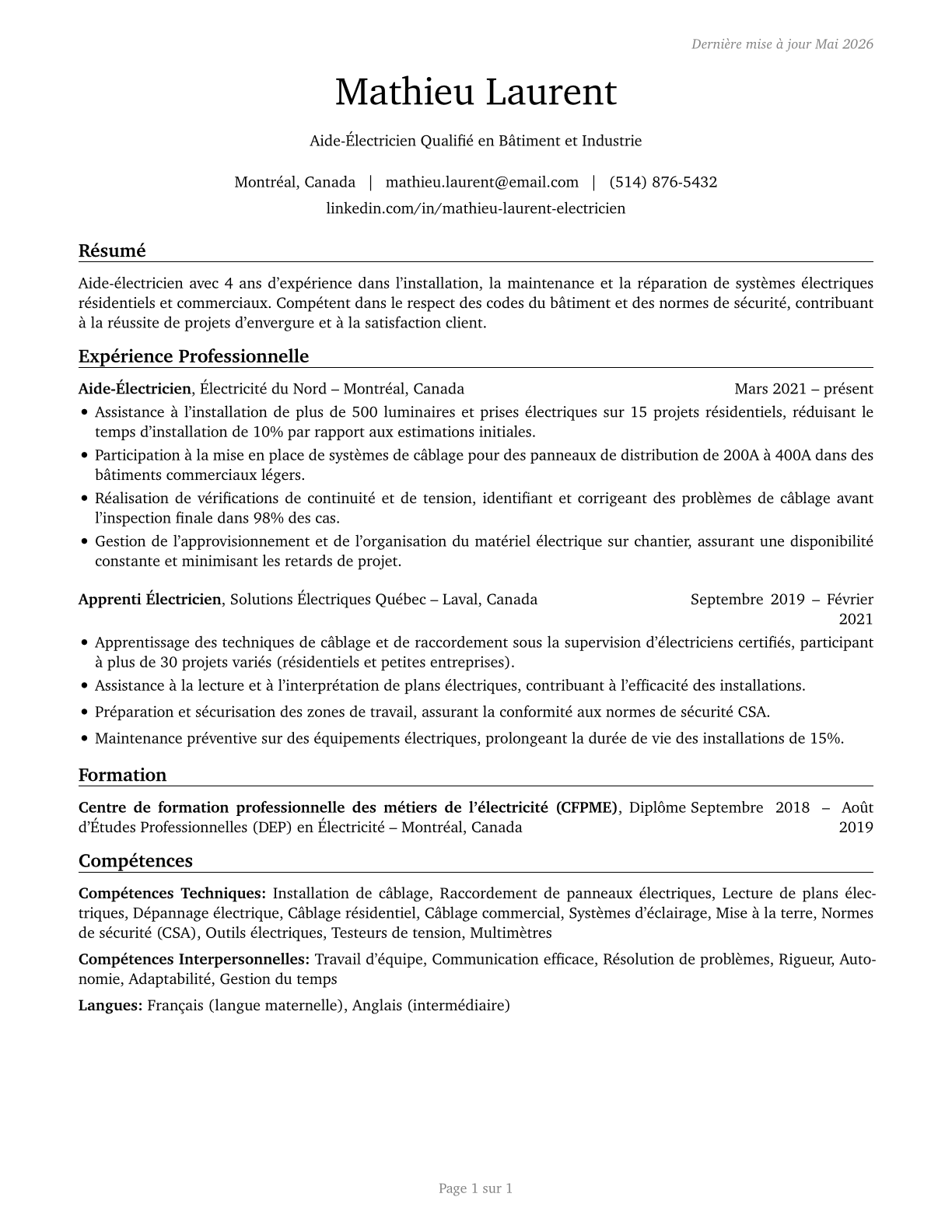 Helpers--Electricians CV in French — page 1