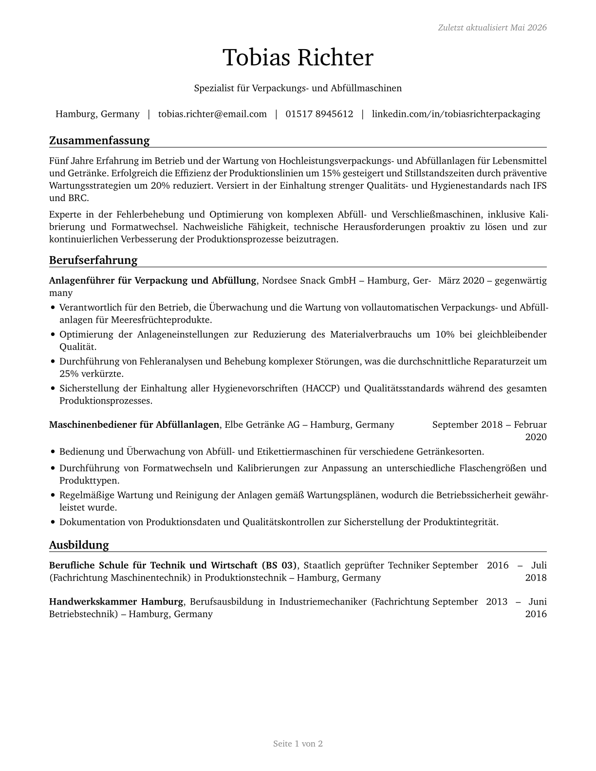 Packaging and Filling Machine Operators and Tenders CV in German — page 1