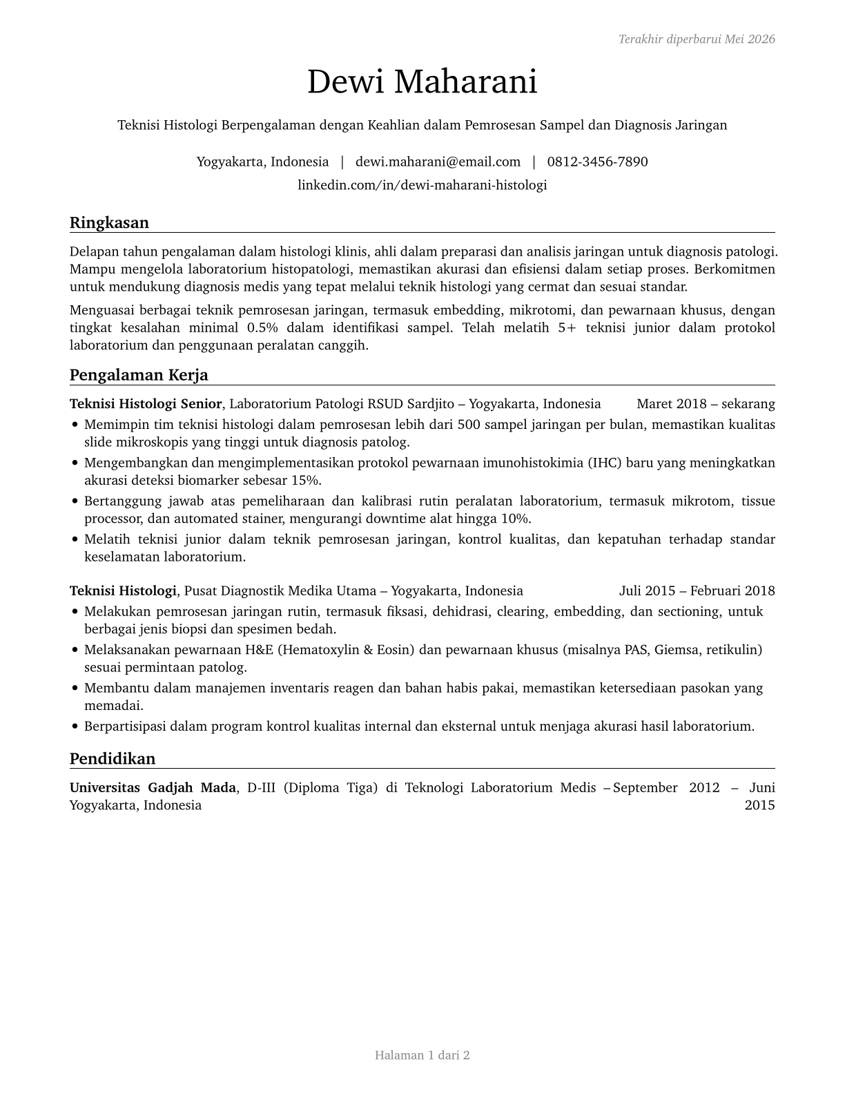 Histology Technicians CV in Indonesian — page 1