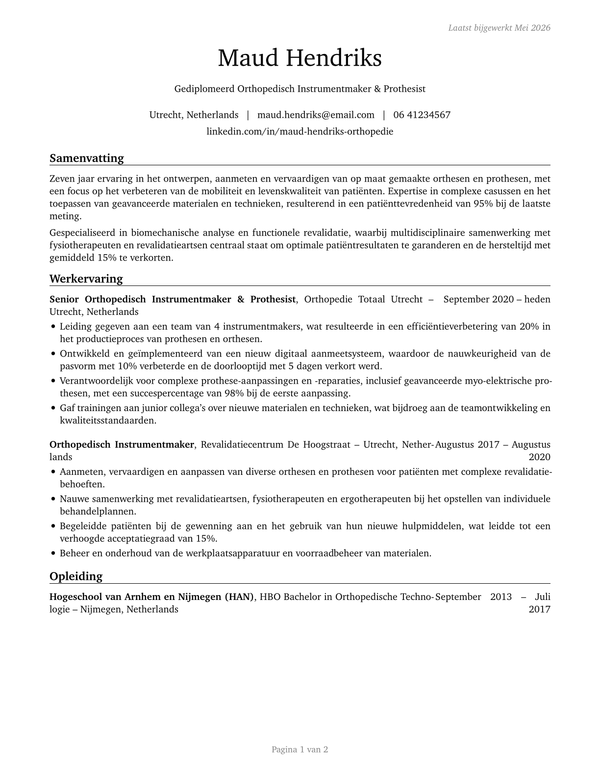Orthotists and Prosthetists CV in Dutch — page 1