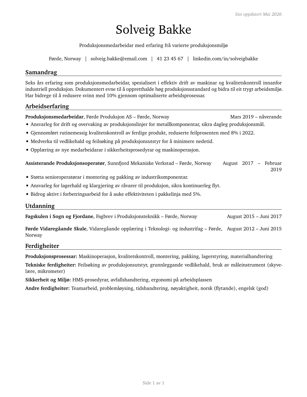 Production Workers, All Other CV in Norwegian_nynorsk — page 1