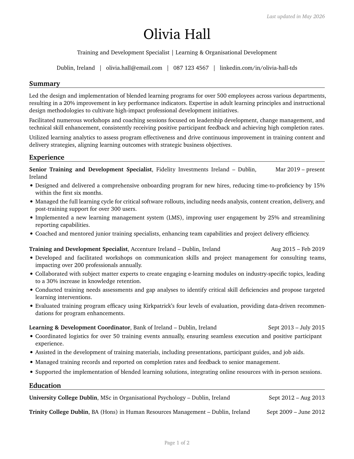Training and Development Specialists CV in English — page 1