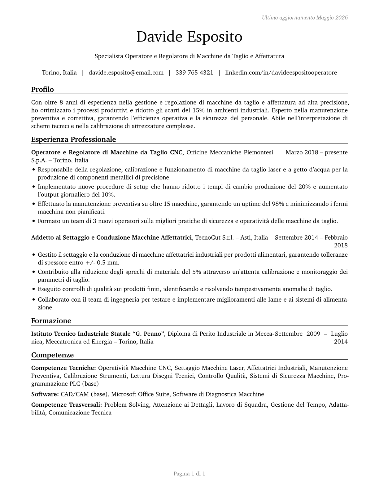 Cutting and Slicing Machine Setters, Operators, and Tenders CV in Italian — page 1