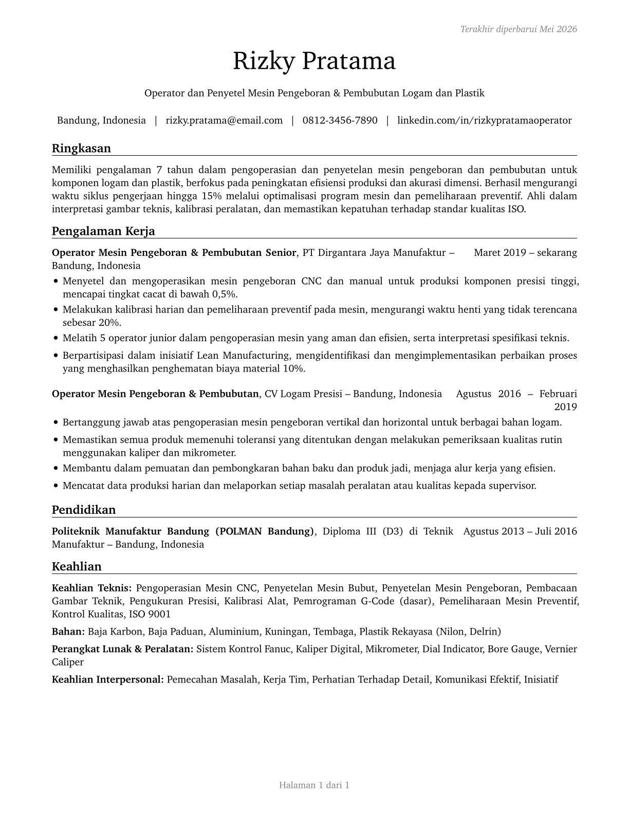 Drilling and Boring Machine Tool Setters, Operators, and Tenders, Metal and Plastic CV in Indonesian — page 1