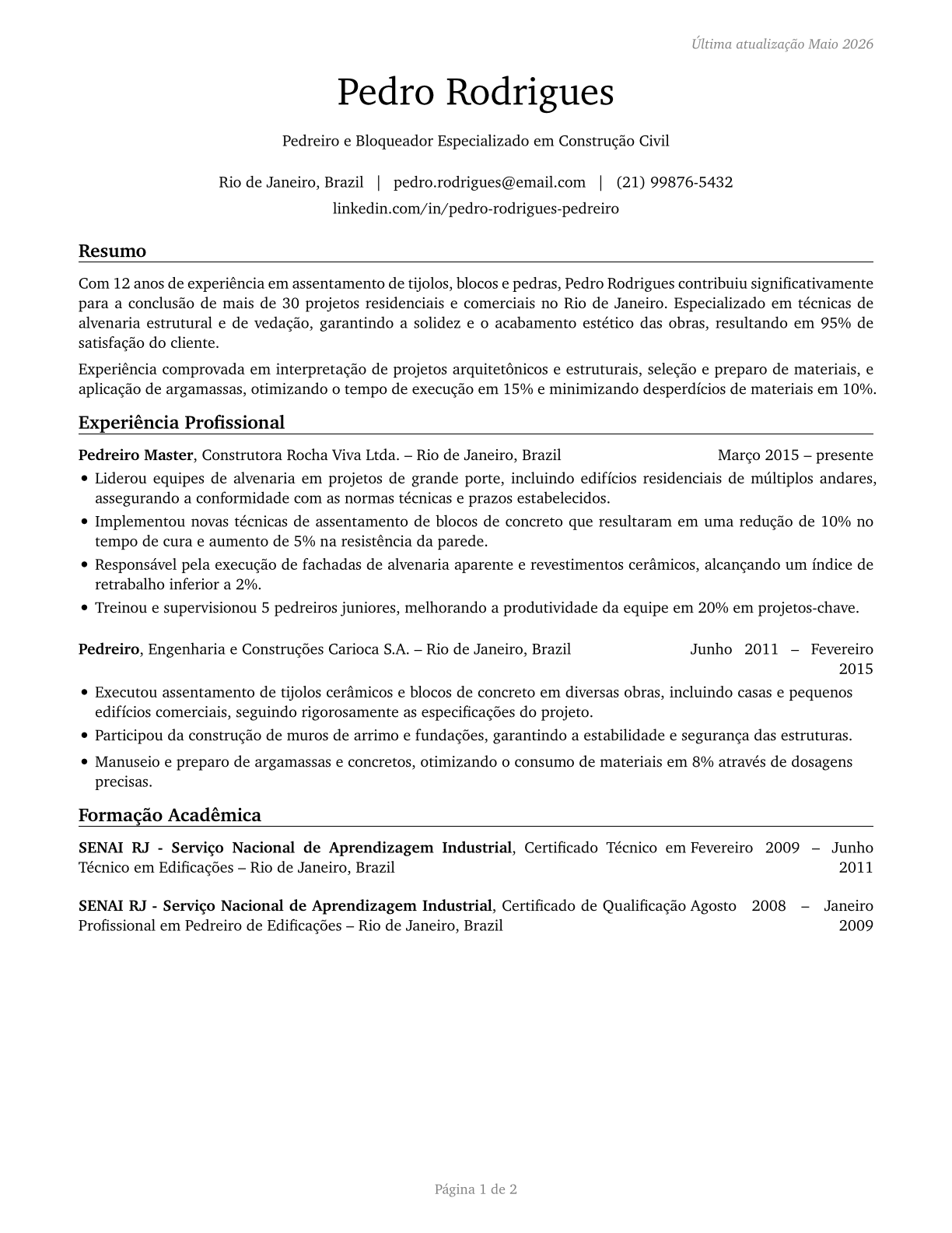 Brickmasons and Blockmasons CV in Portuguese — page 1