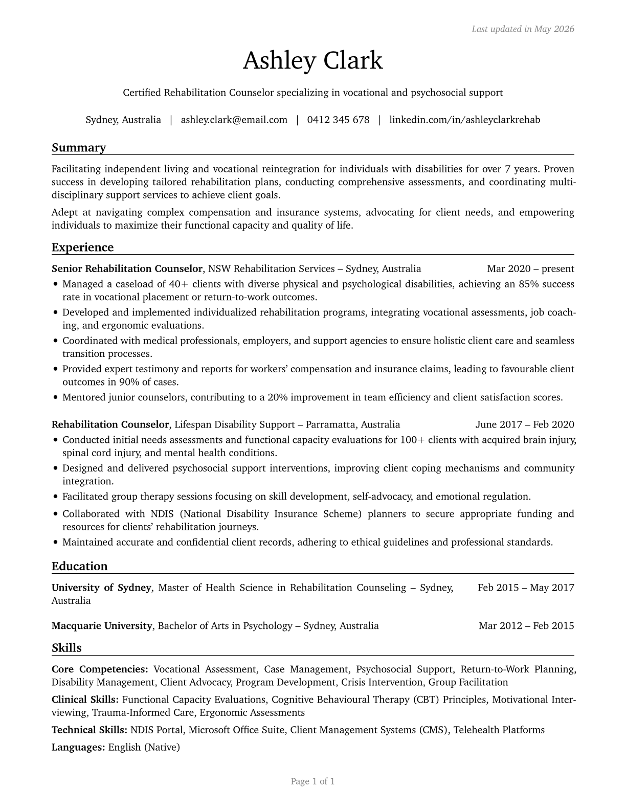 Rehabilitation Counselors CV in English — page 1