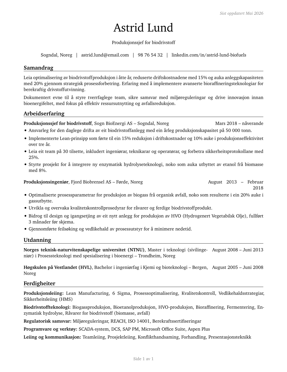 Biofuels Production Managers CV in Norwegian_nynorsk — page 1