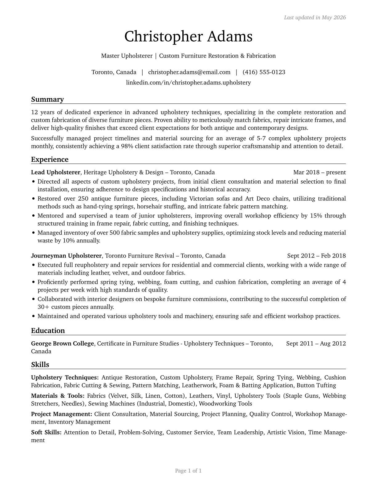 Upholsterers CV in English — page 1