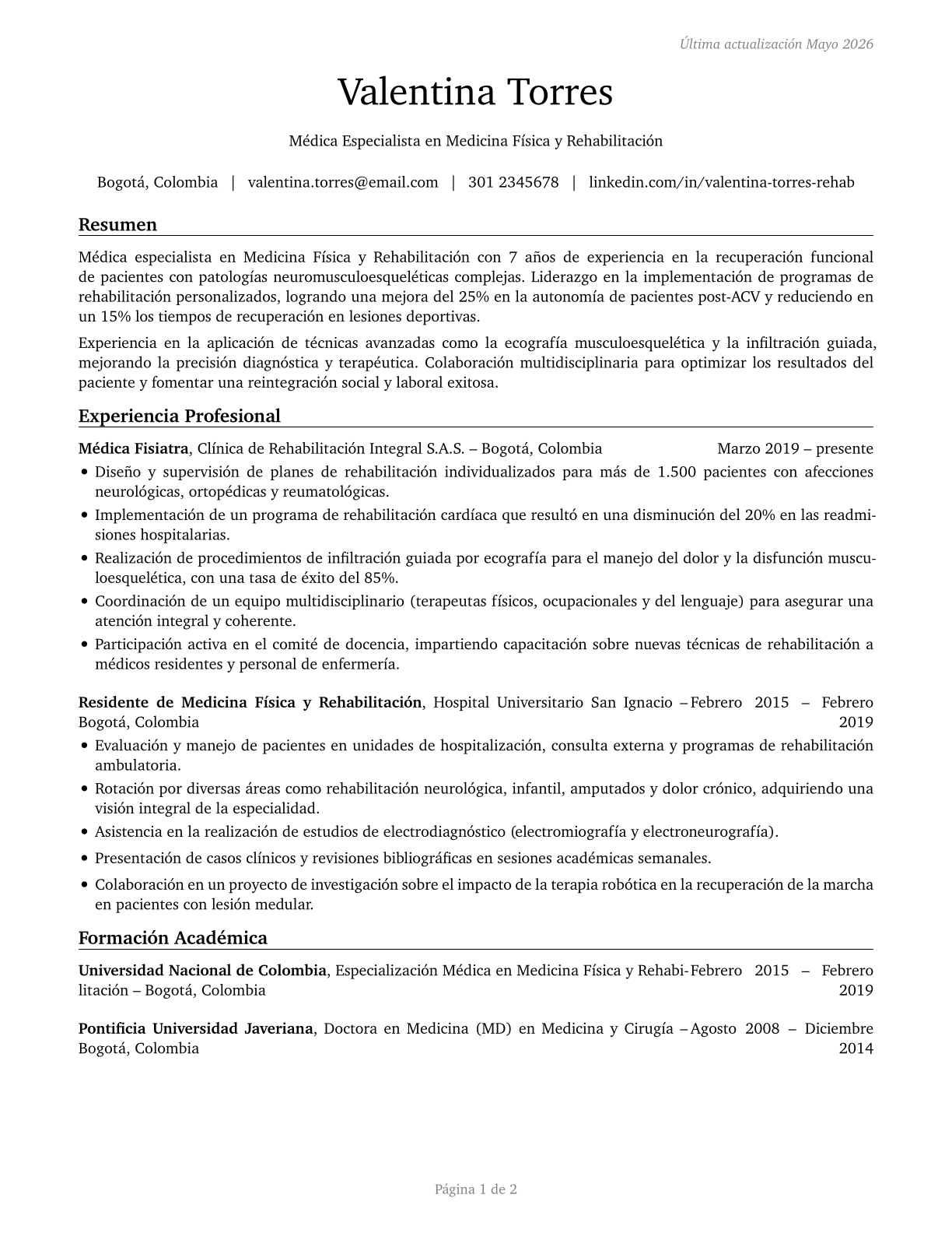 Physical Medicine and Rehabilitation Physicians CV in Spanish — page 1