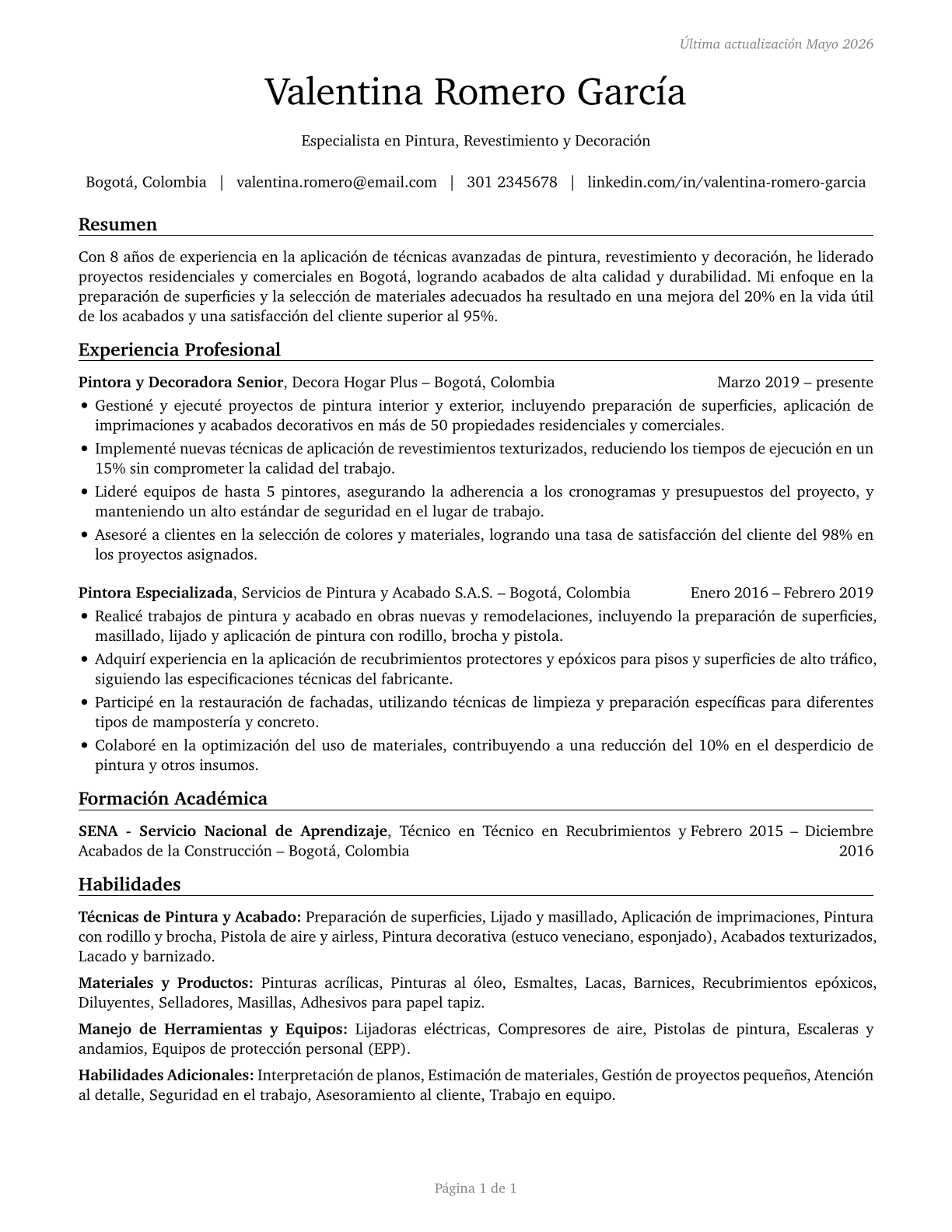 Painting, Coating, and Decorating Workers CV in Spanish — page 1