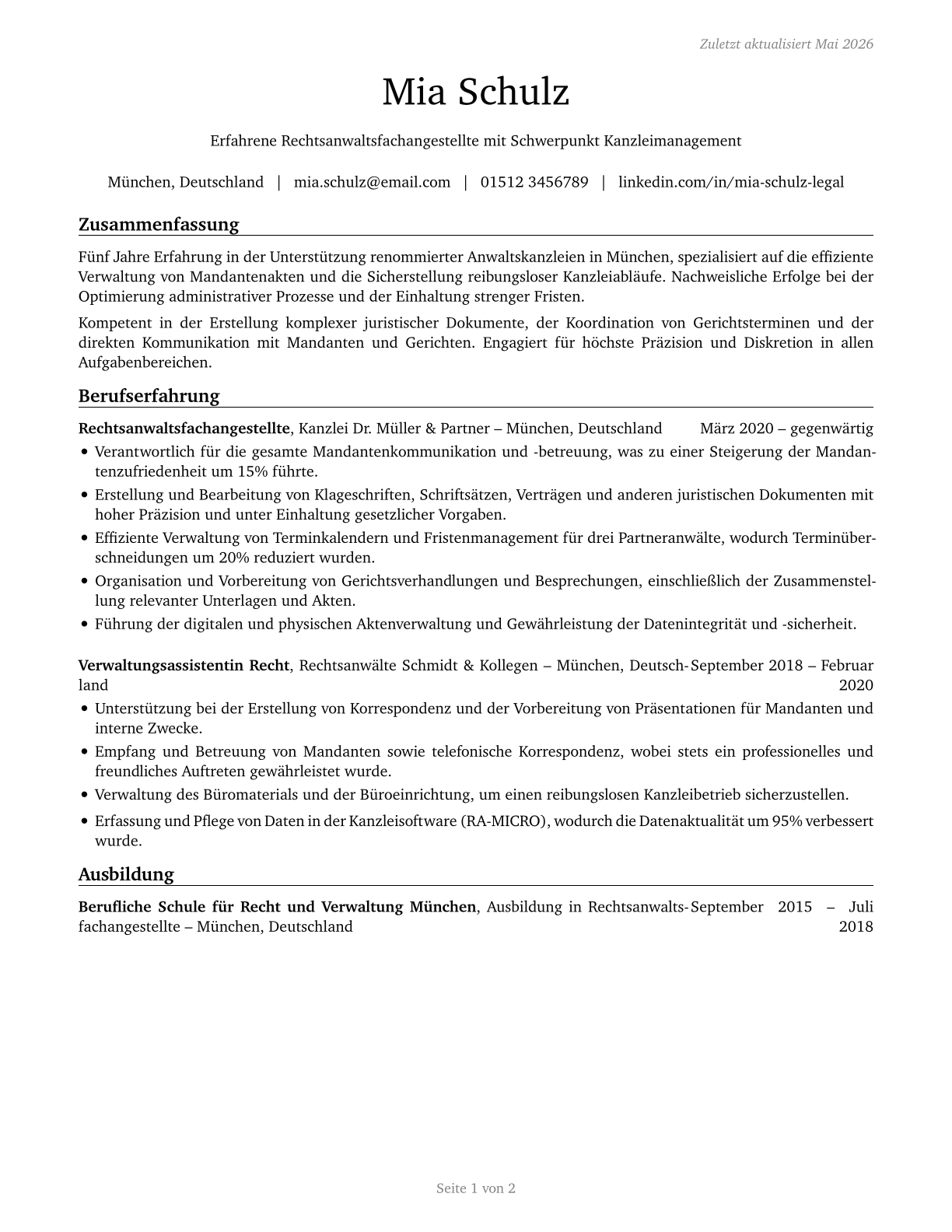 Legal Secretaries and Administrative Assistants CV in German — page 1
