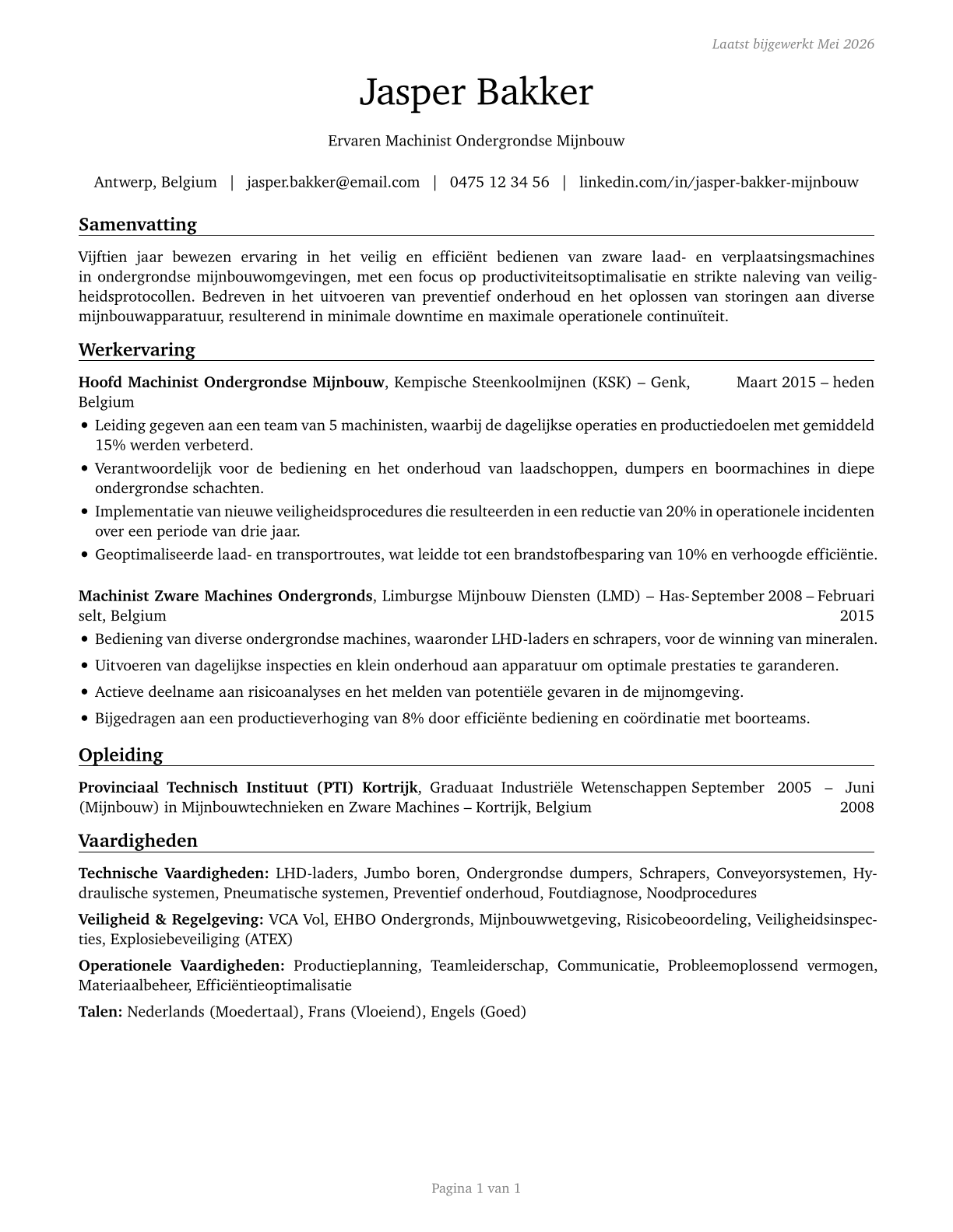 Loading and Moving Machine Operators, Underground Mining CV in Dutch — page 1