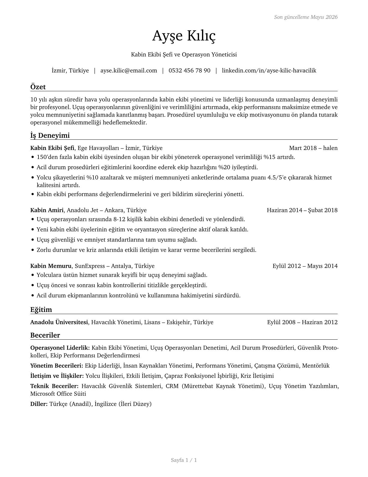 First-Line Supervisors of Air Crew Members CV in Turkish — page 1