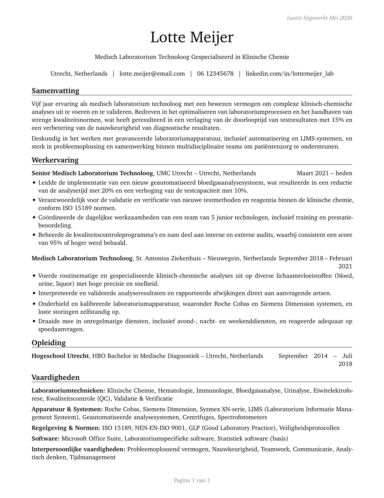 Medical and Clinical Laboratory Technologists CV in Dutch — page 1