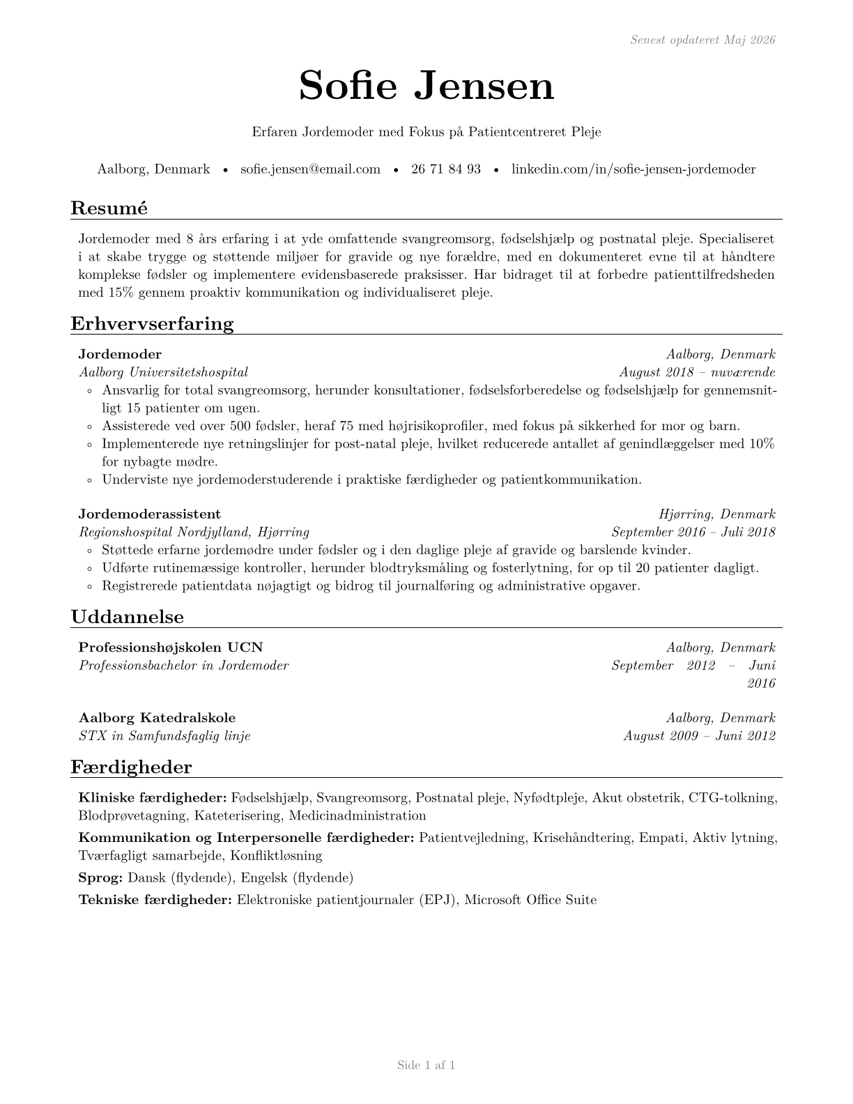 Midwives CV in Danish — page 1