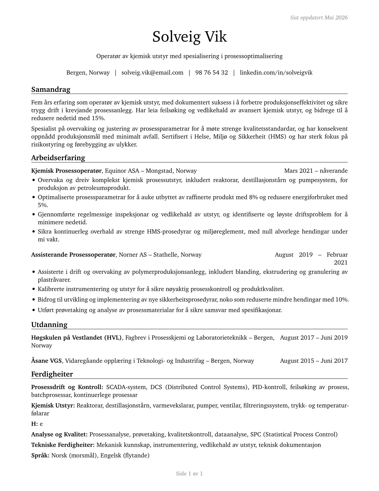 Chemical Equipment Operators and Tenders CV in Norwegian_nynorsk — page 1