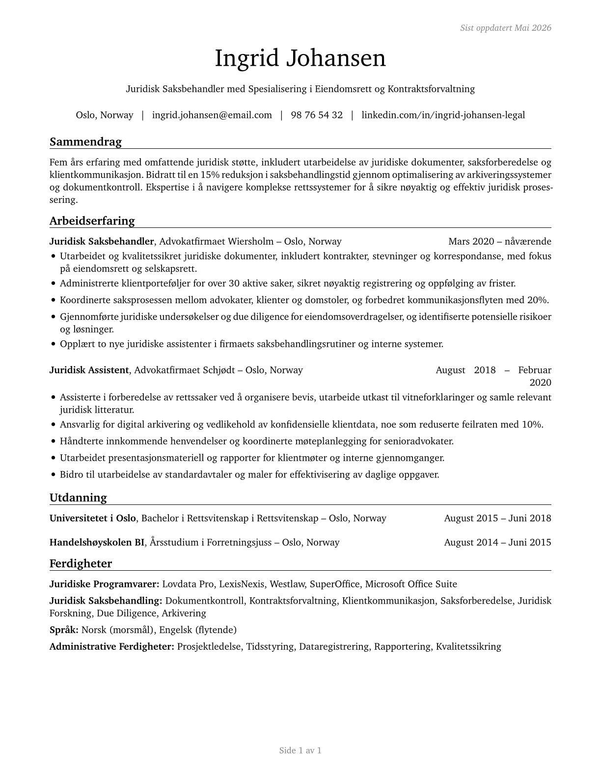 Legal Support Workers, All Other CV in Norwegian_bokmal — page 1
