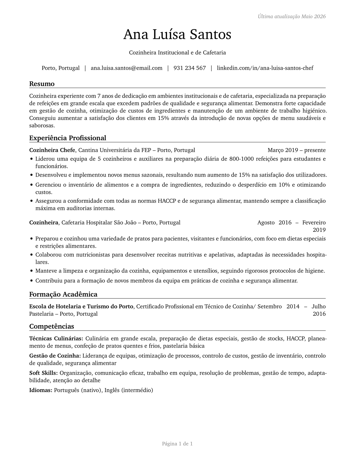 Cooks, Institution and Cafeteria CV in Portuguese — page 1