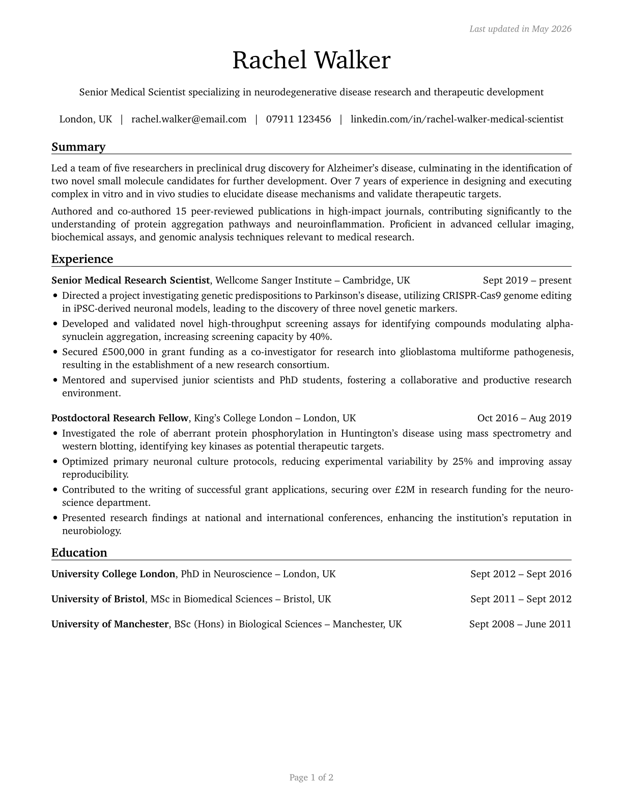 Medical Scientists, Except Epidemiologists CV in English — page 1