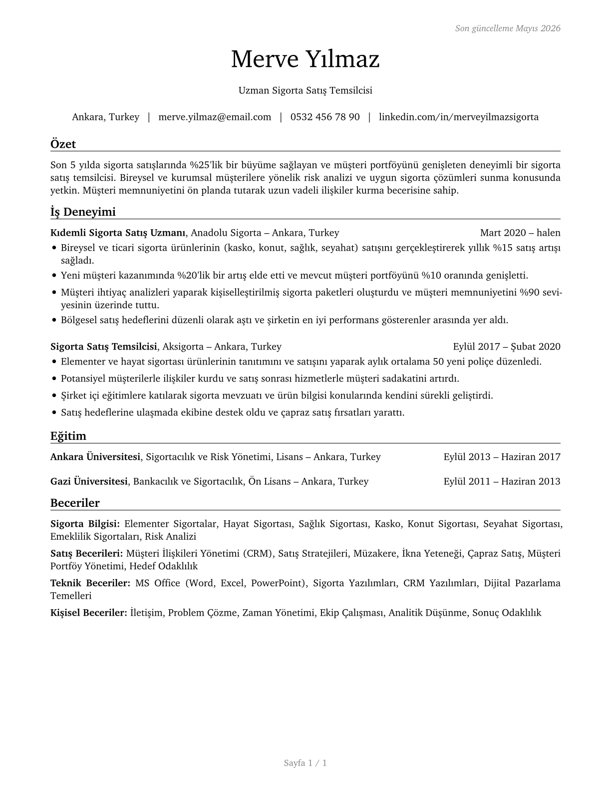 Insurance Sales Agents CV in Turkish — page 1