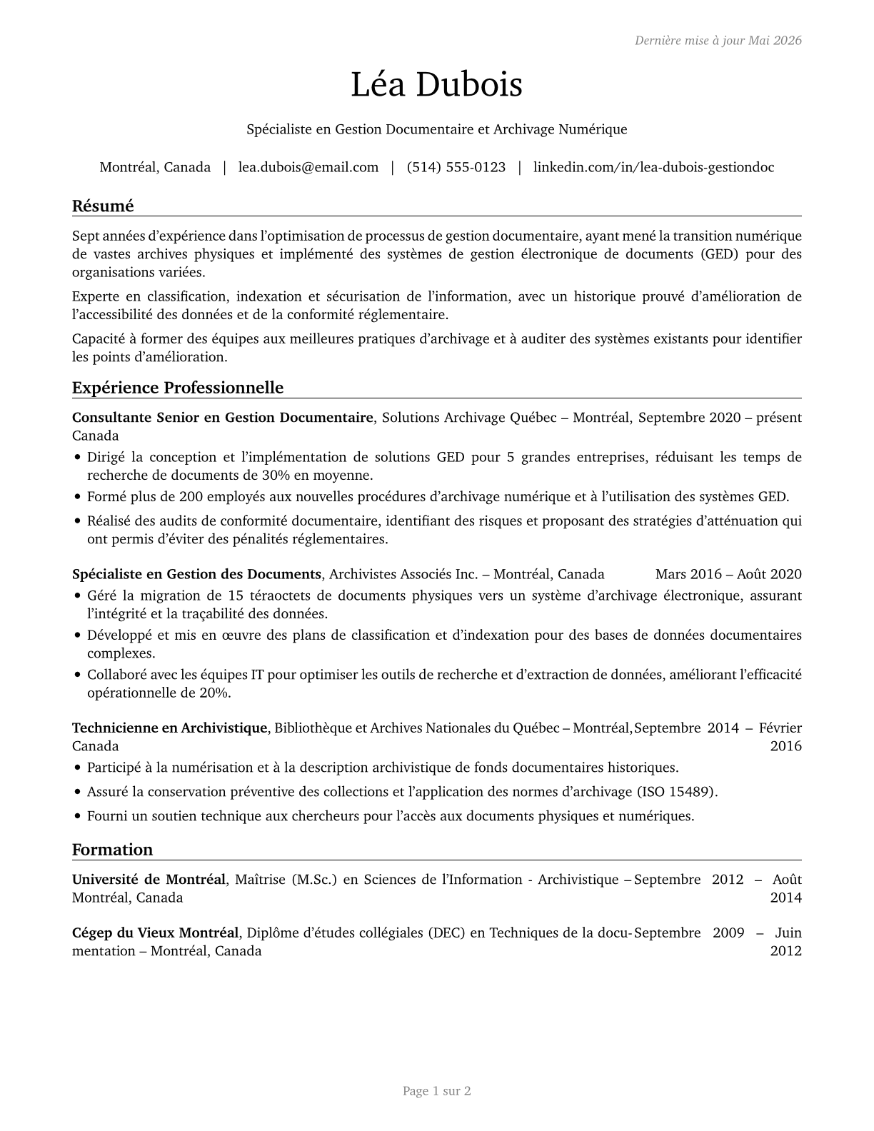 Document Management Specialists CV in French — page 1