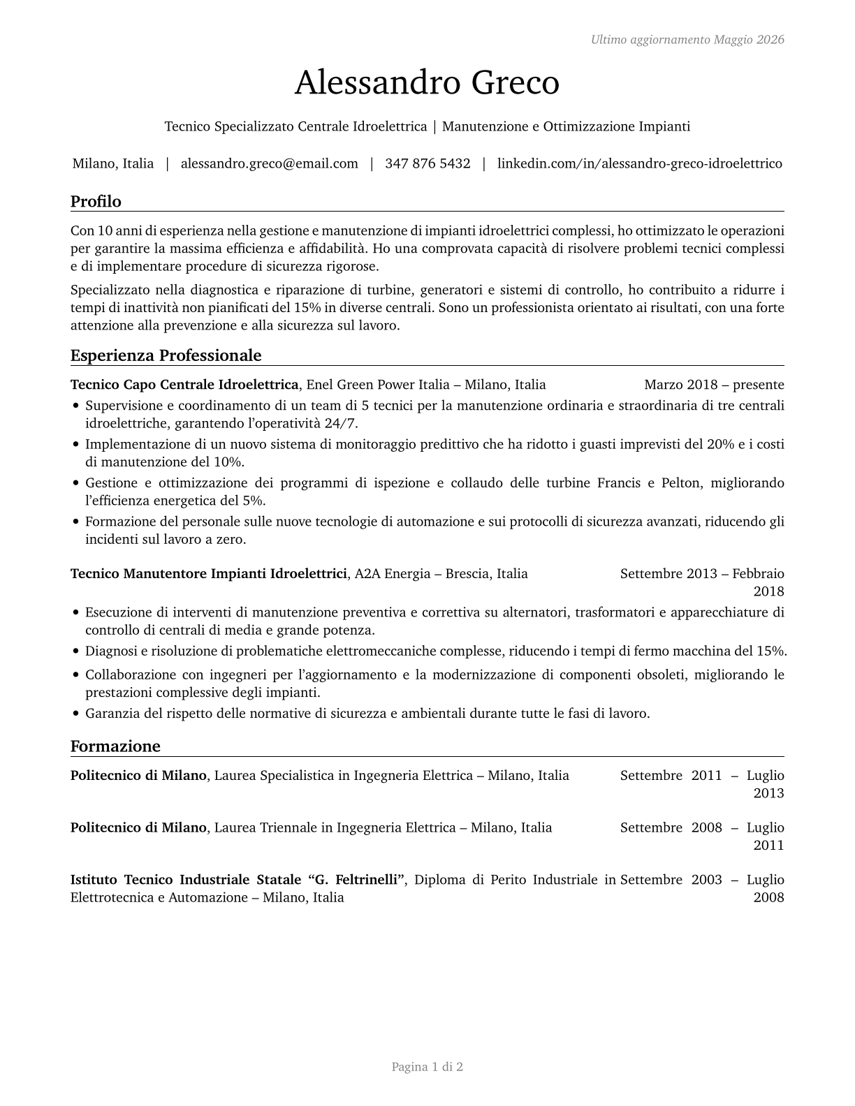 Hydroelectric Plant Technicians CV in Italian — page 1