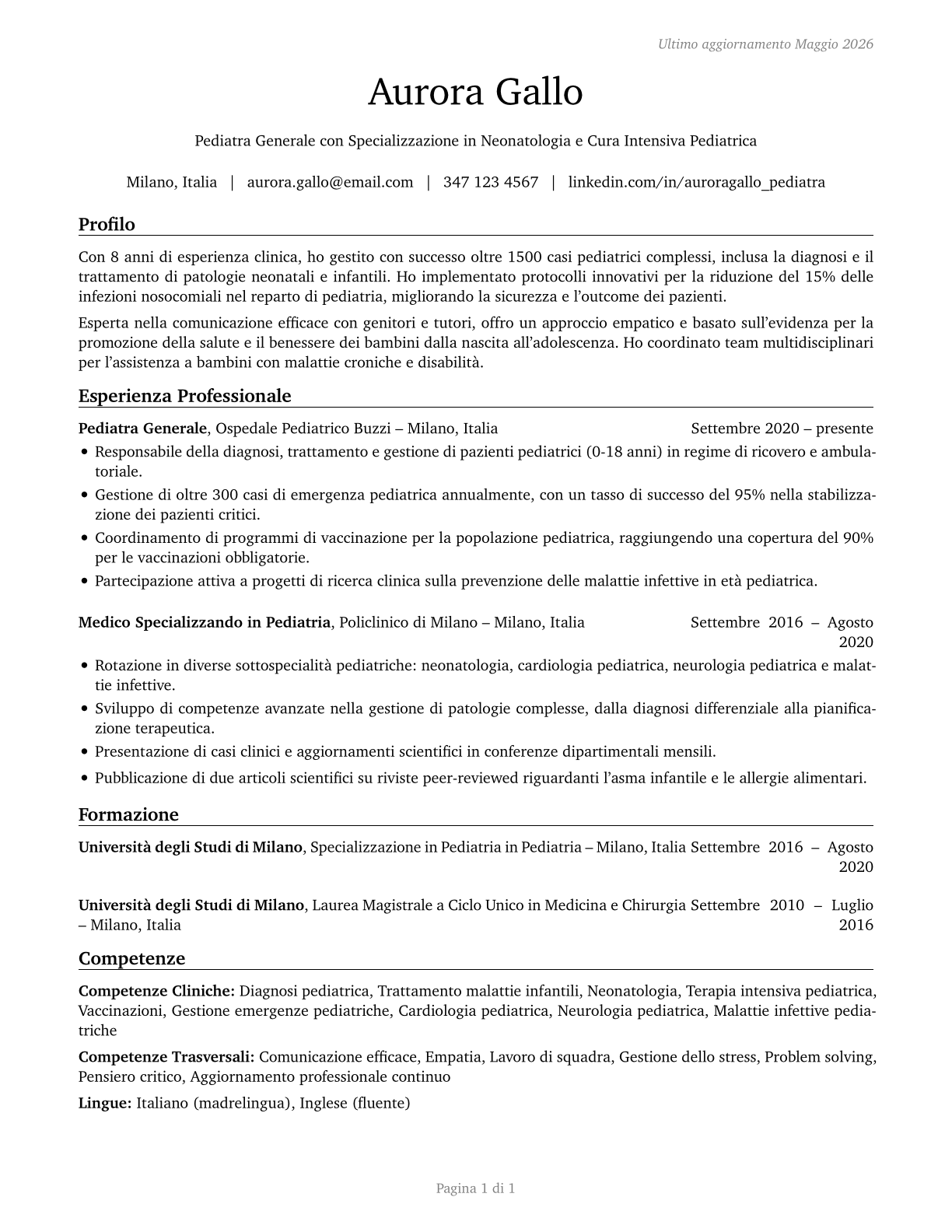 Pediatricians, General CV in Italian — page 1