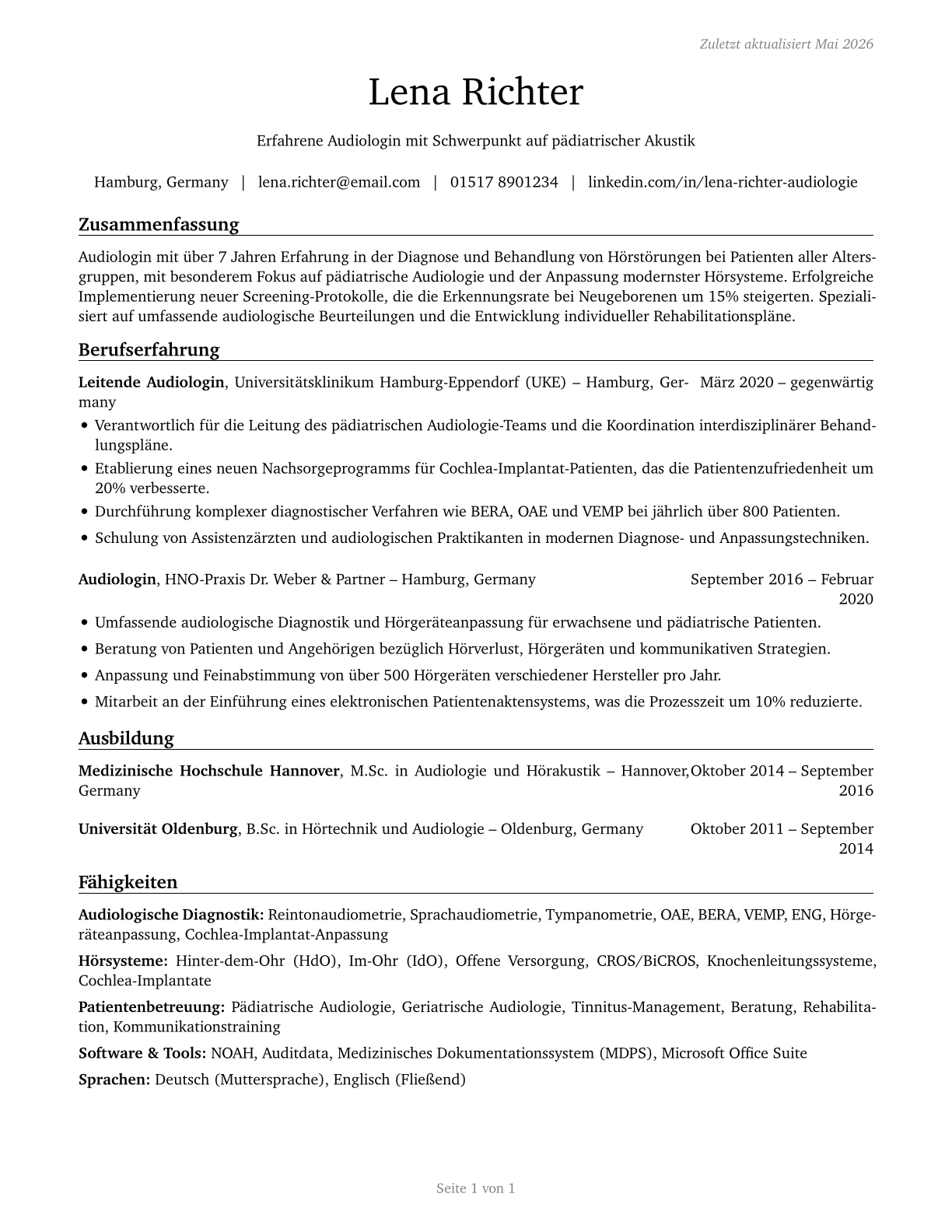 Audiologists CV in German — page 1