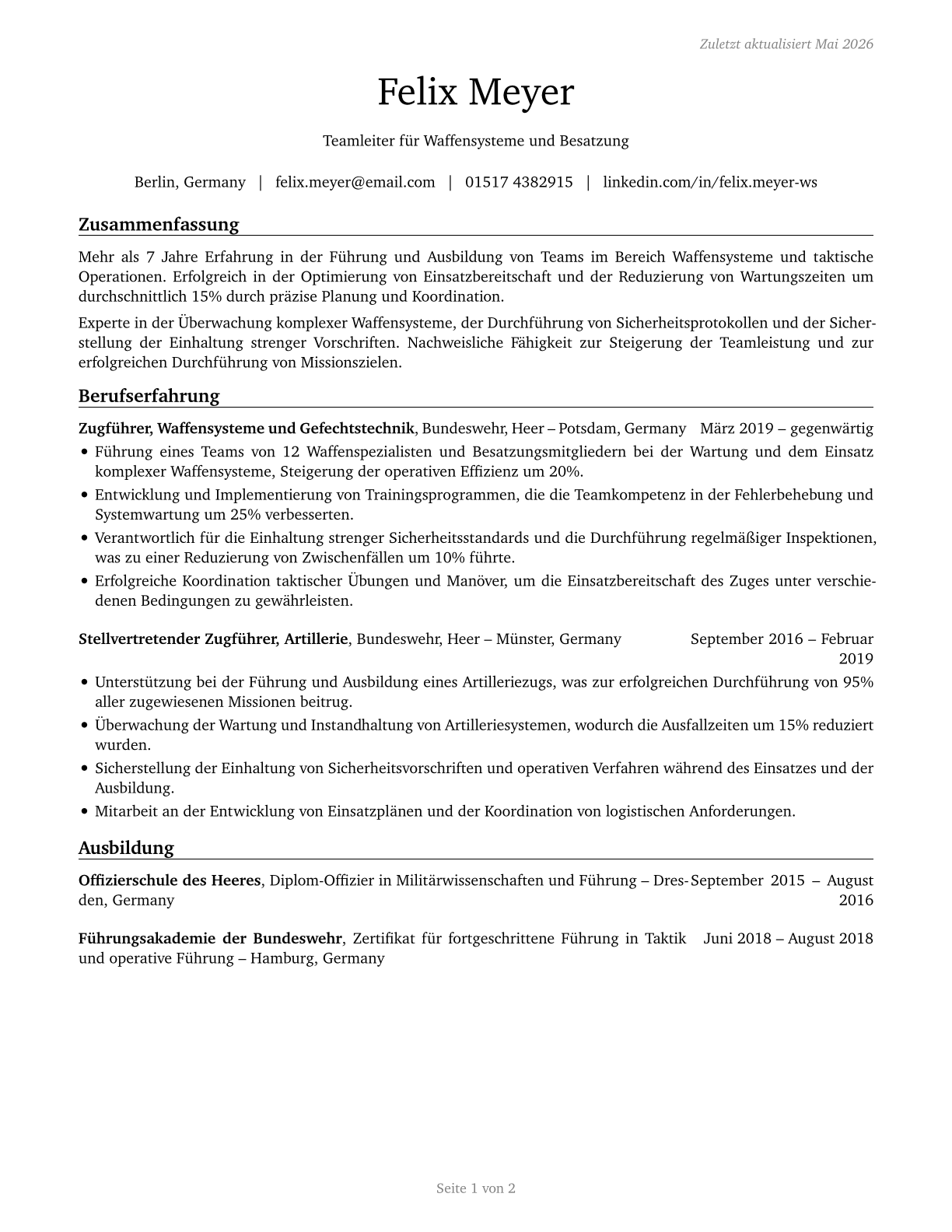 First-Line Supervisors of Weapons Specialists/Crew Members CV in German — page 1