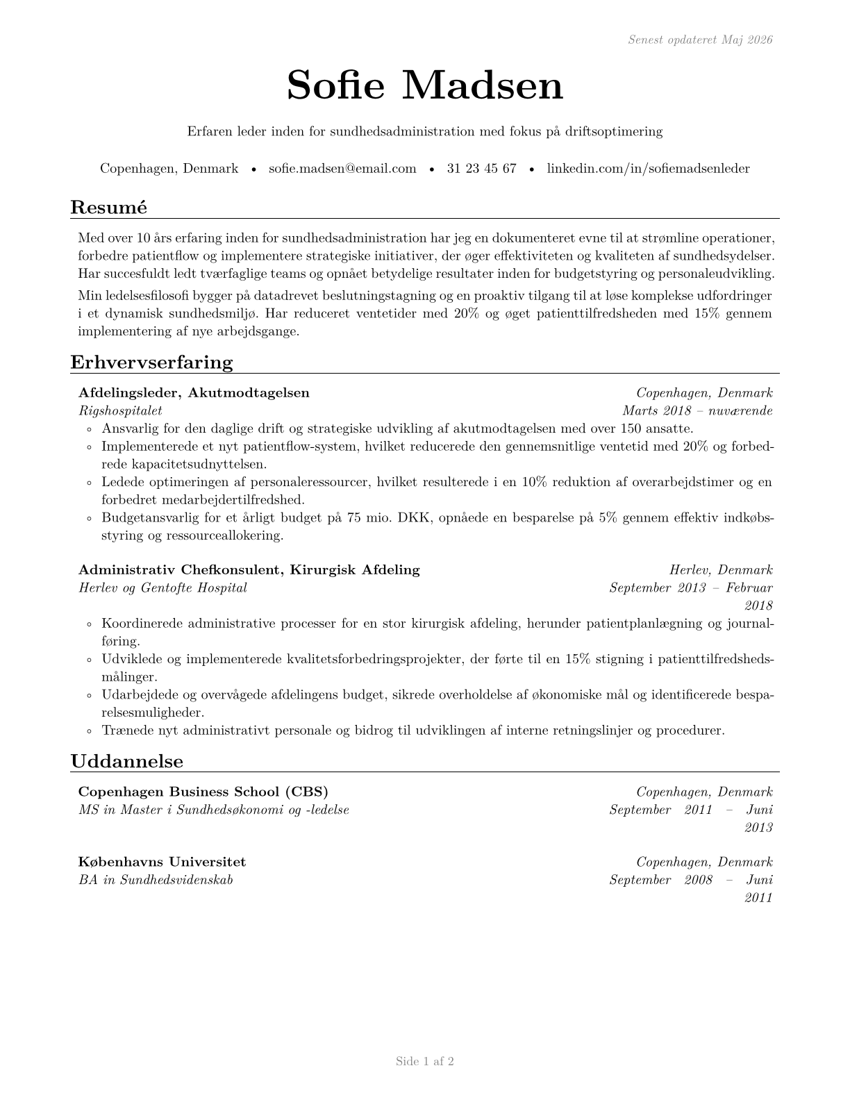 Medical and Health Services Managers CV in Danish — page 1