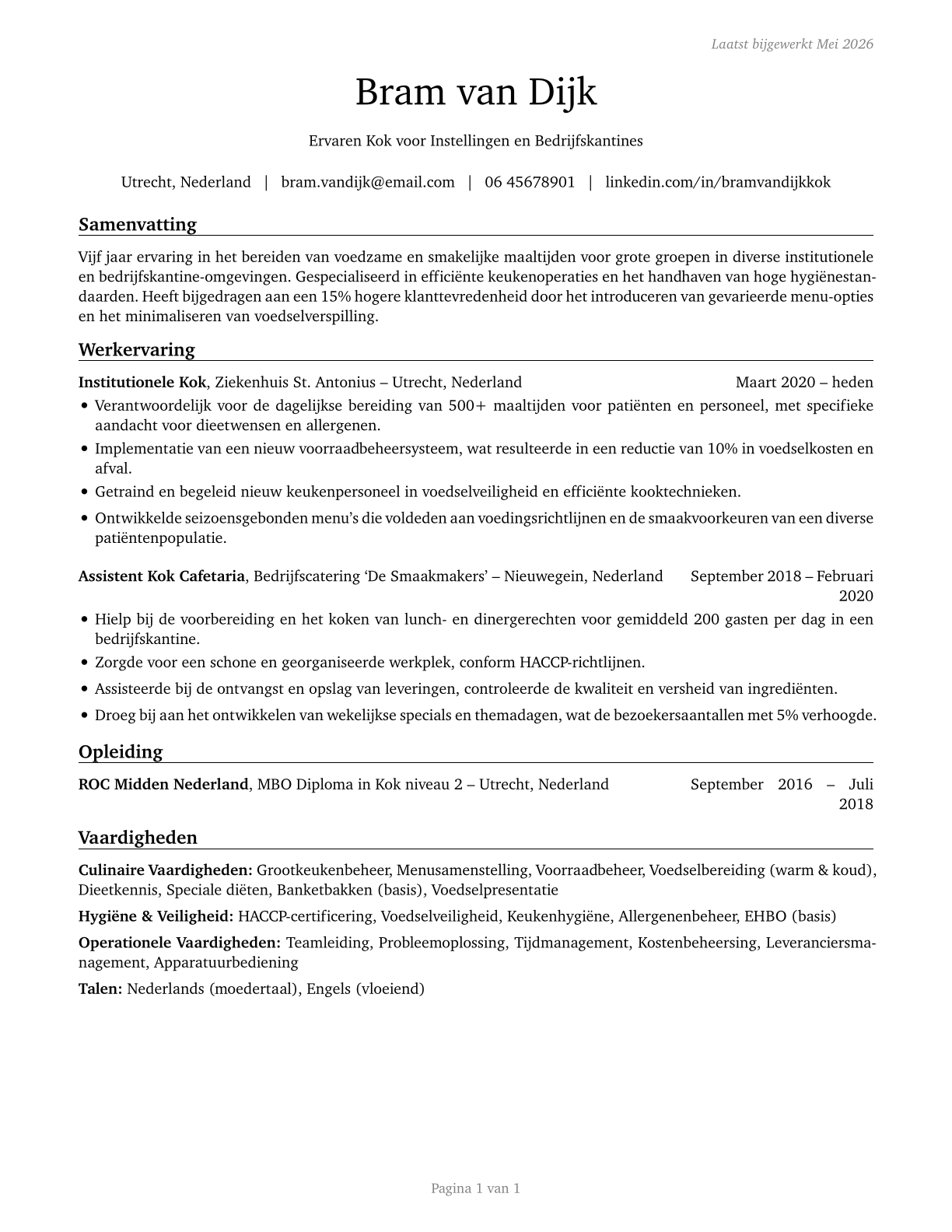 Cooks, Institution and Cafeteria CV in Dutch — page 1