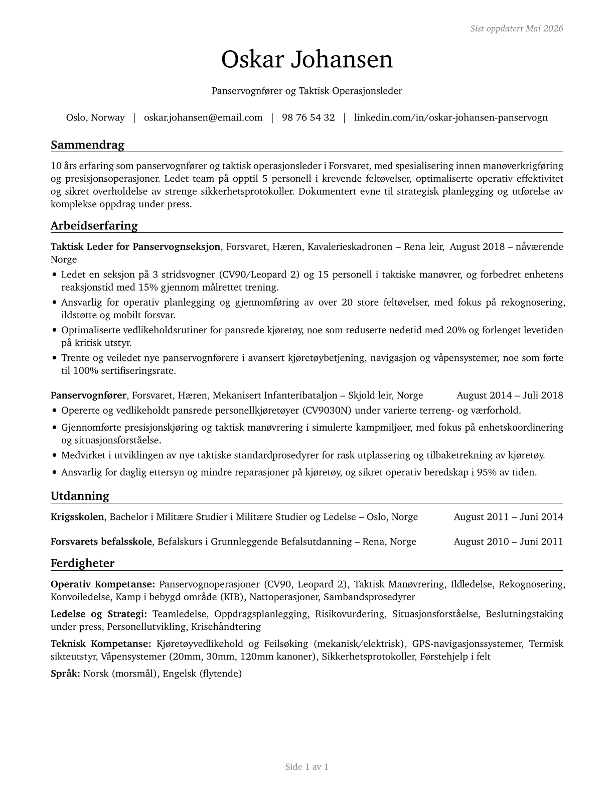 Armored Assault Vehicle Officers CV in Norwegian_bokmal — page 1