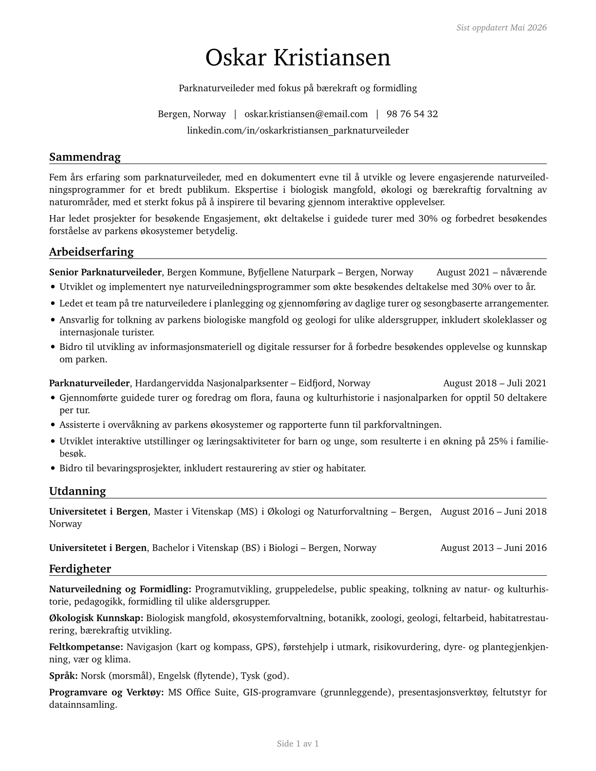 Park Naturalists CV in Norwegian_bokmal — page 1