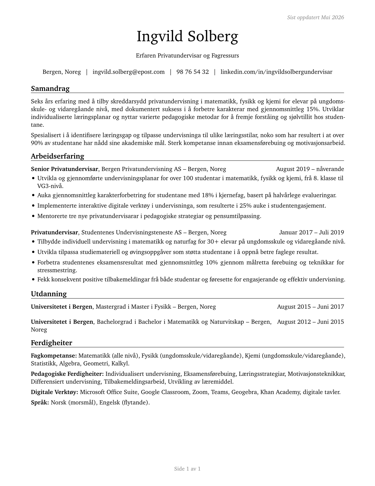 Tutors CV in Norwegian_nynorsk — page 1