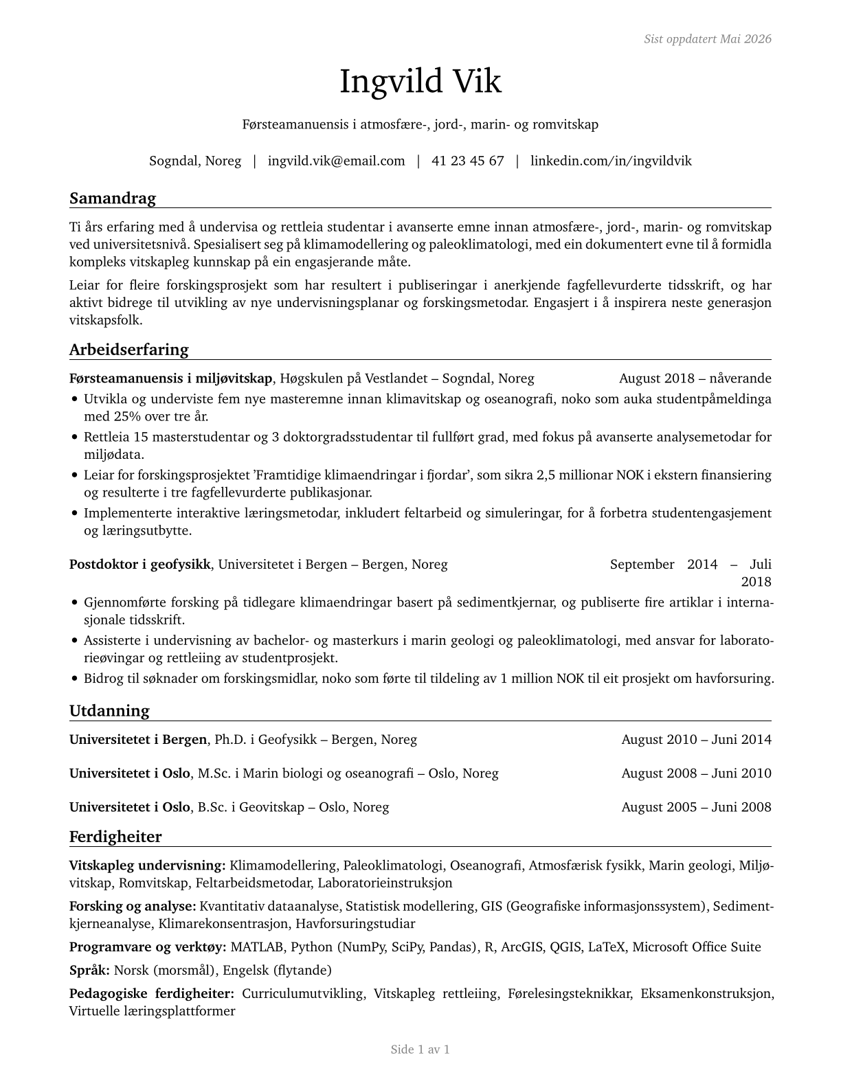 Atmospheric, Earth, Marine, and Space Sciences Teachers, Postsecondary CV in Norwegian_nynorsk — page 1